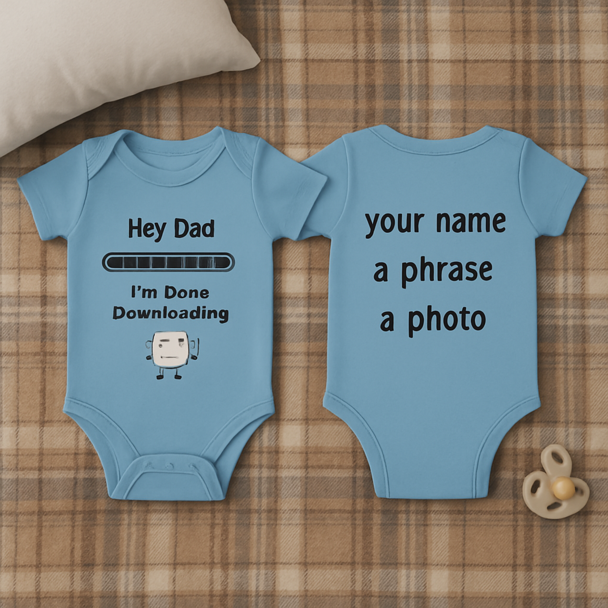 Hey Dad I’m Done Downloading Baby Bodysuit Funny Infant One Piece | New Dad Gift Tech Humor Baby Shower Outfit product thumbnail image Hey Dad I’m Done Downloading Baby Bodysuit Funny Infant One Piece | New Dad Gift Tech Humor Baby Shower Outfit product thumbnail image