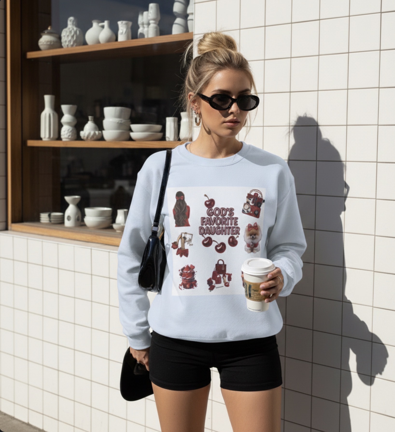 Crewneck Sweatshirt — "God's Favorite Daughter" Cherry Graphic Cozy Pullover product thumbnail image