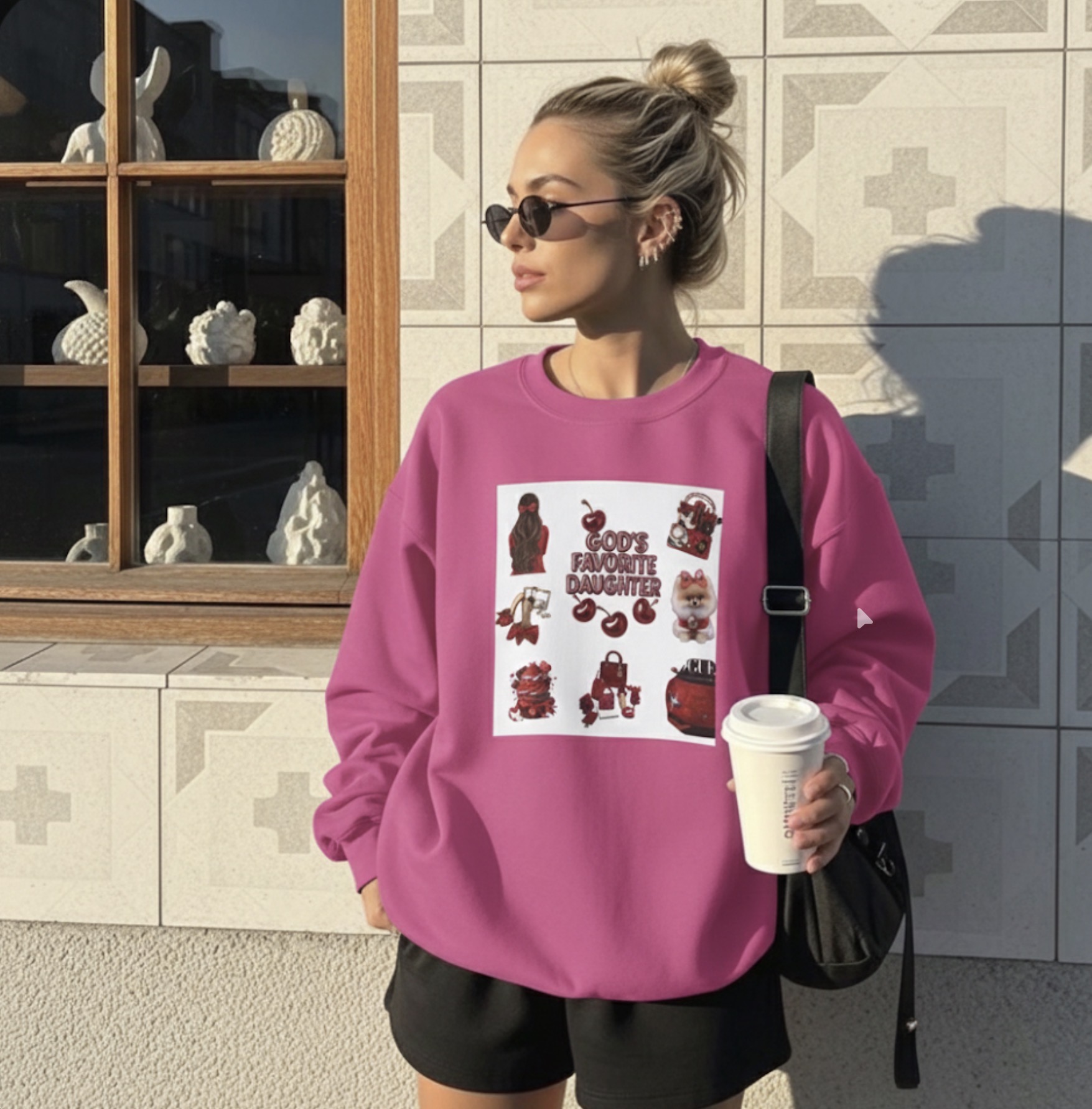 Crewneck Sweatshirt — "God's Favorite Daughter" Cherry Graphic Cozy Pullover product thumbnail image Crewneck Sweatshirt — "God's Favorite Daughter" Cherry Graphic Cozy Pullover product thumbnail image