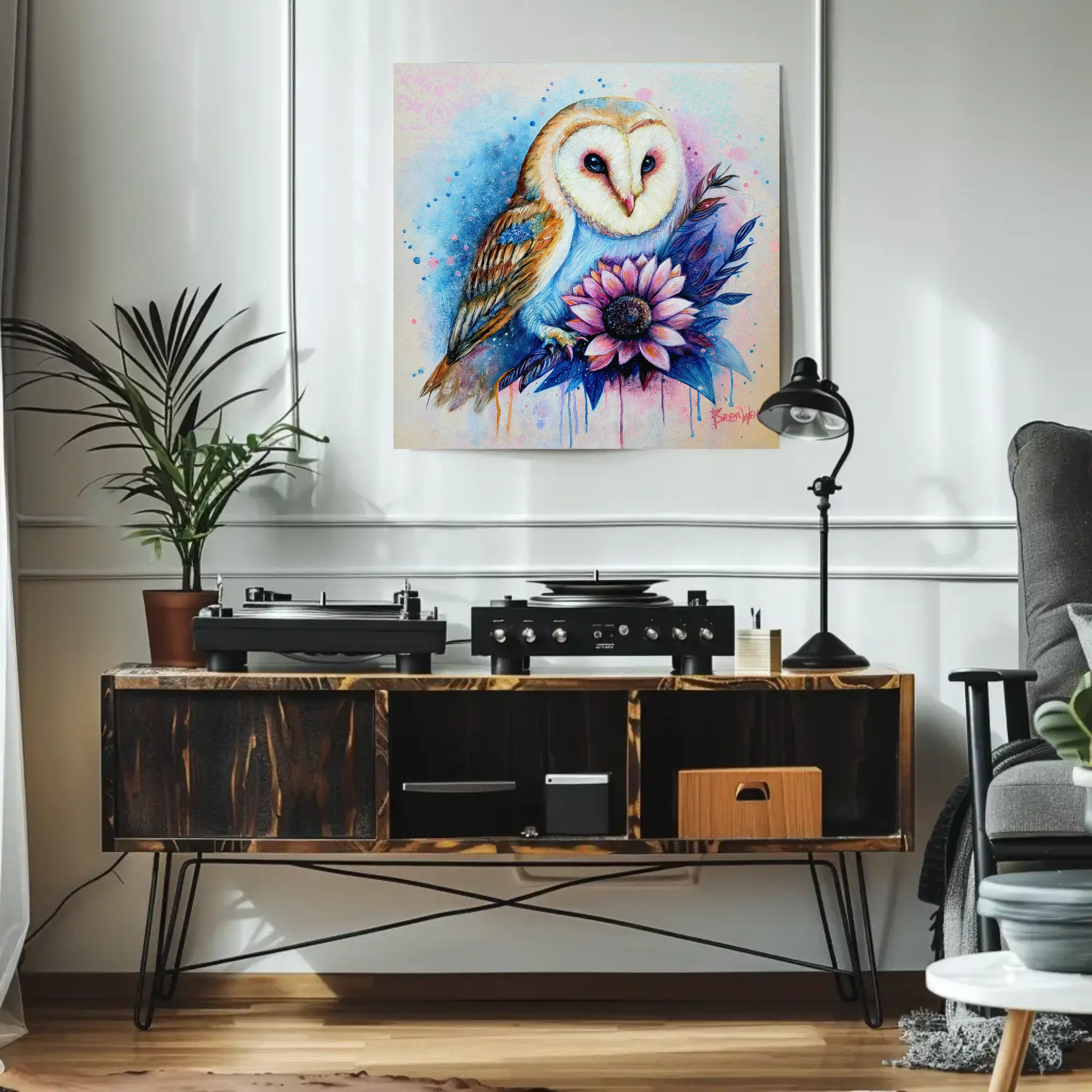 Barn Owl Floral Canvas Wall Art – Watercolor Owl with Sunflower, Stretched Matte Canvas product thumbnail image Barn Owl Floral Canvas Wall Art – Watercolor Owl with Sunflower, Stretched Matte Canvas product thumbnail image