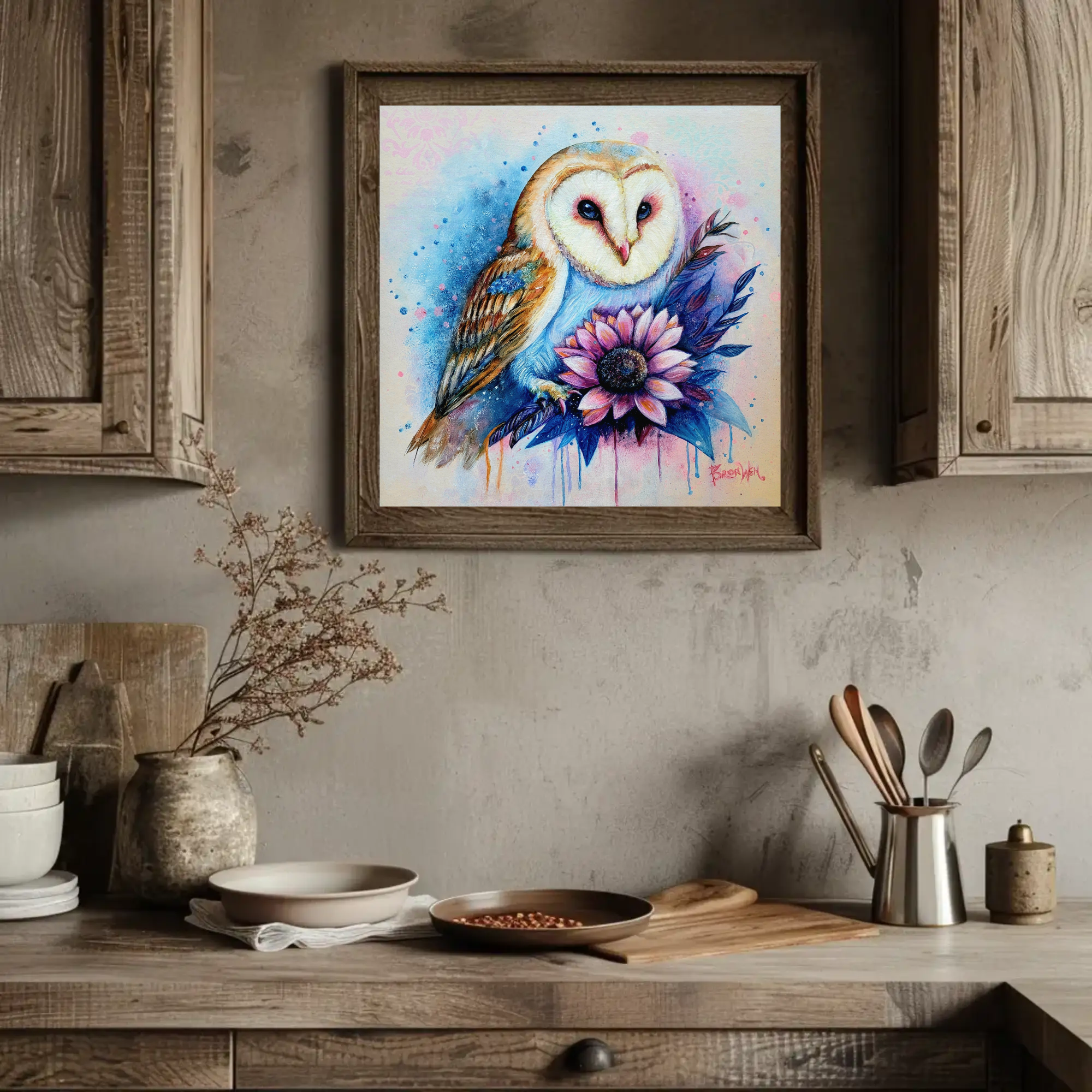 Barn Owl Floral Canvas Wall Art – Watercolor Owl with Sunflower, Stretched Matte Canvas product thumbnail image