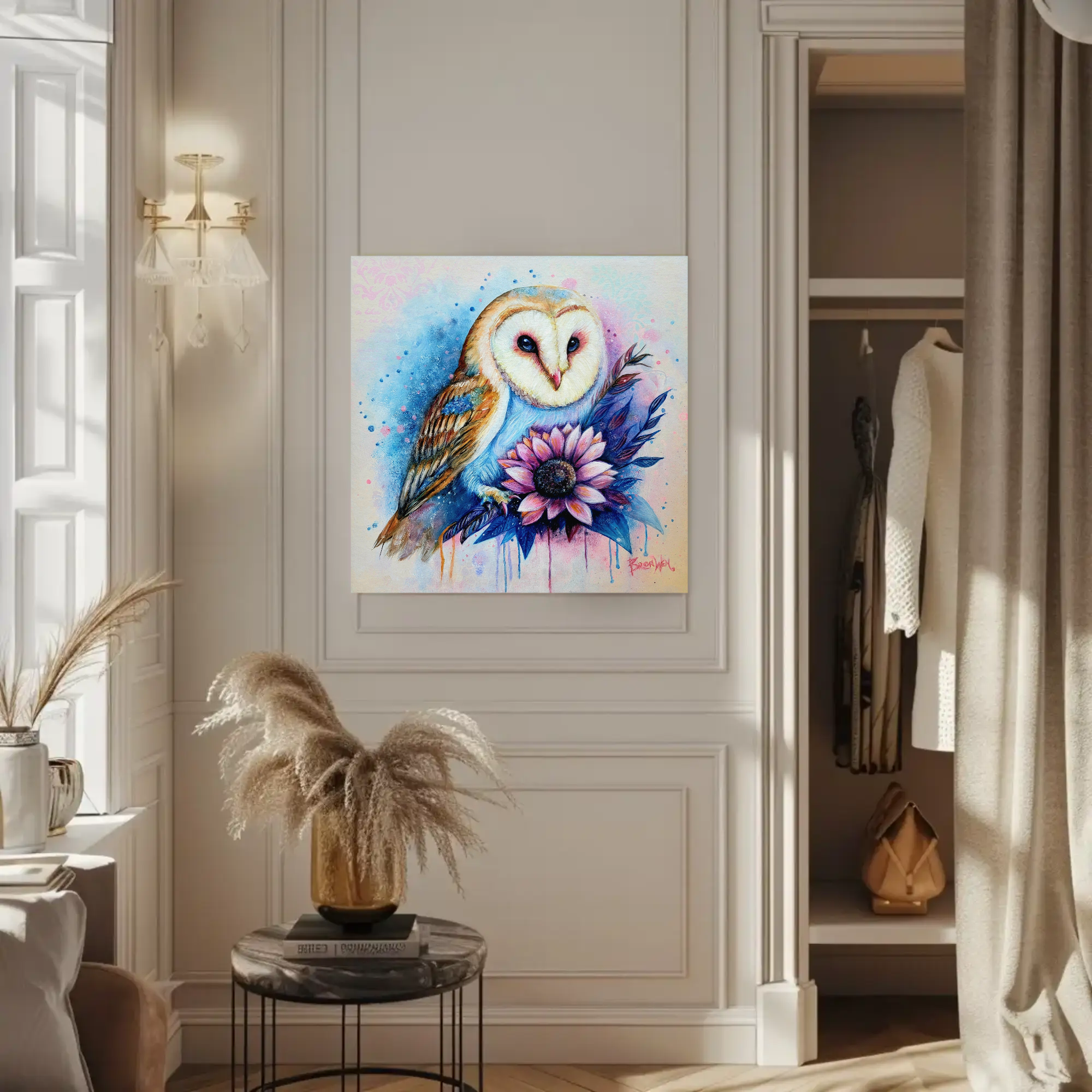 Barn Owl Floral Canvas Wall Art – Watercolor Owl with Sunflower, Stretched Matte Canvas product thumbnail image