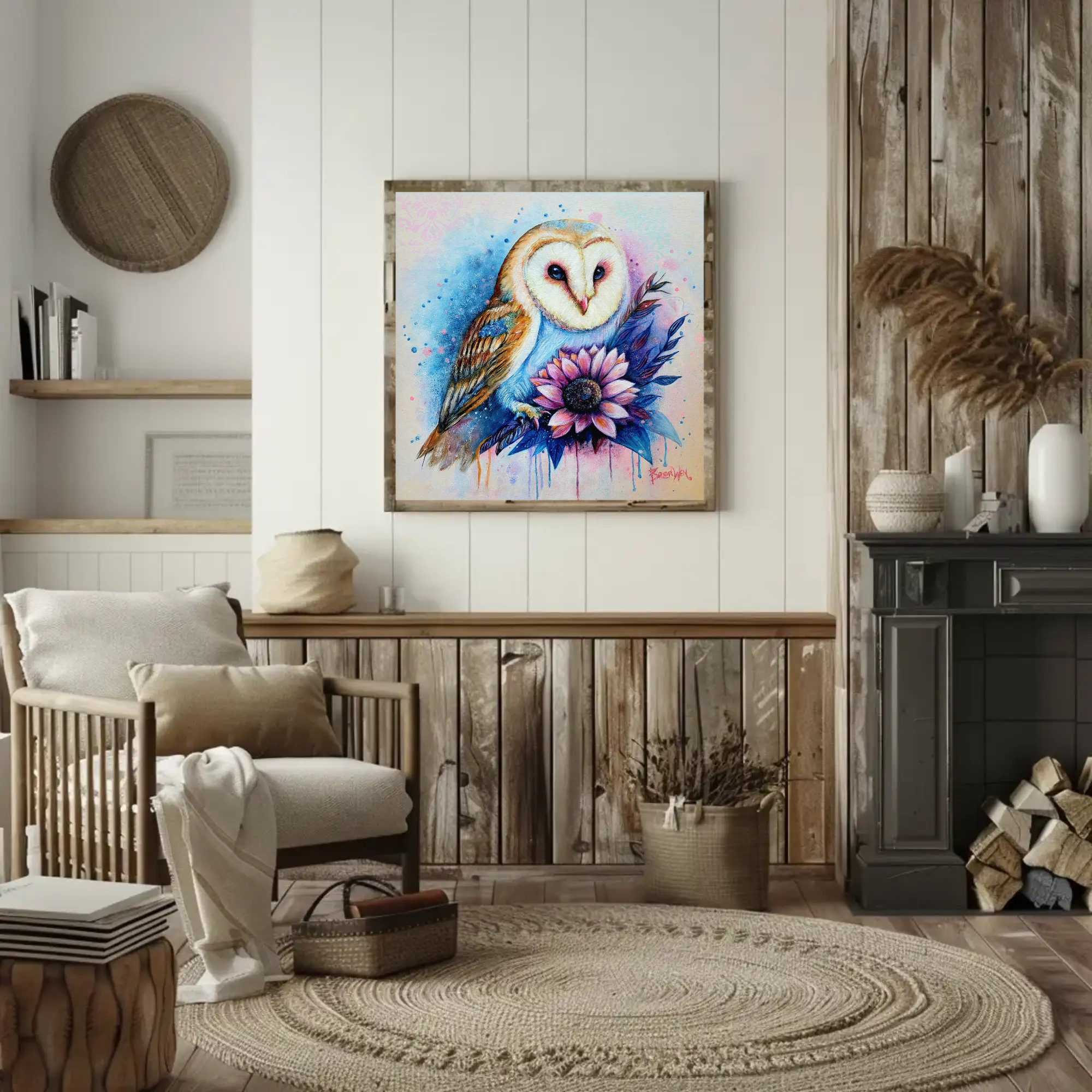 Barn Owl Floral Canvas Wall Art – Watercolor Owl with Sunflower, Stretched Matte Canvas product thumbnail image Barn Owl Floral Canvas Wall Art – Watercolor Owl with Sunflower, Stretched Matte Canvas product thumbnail image