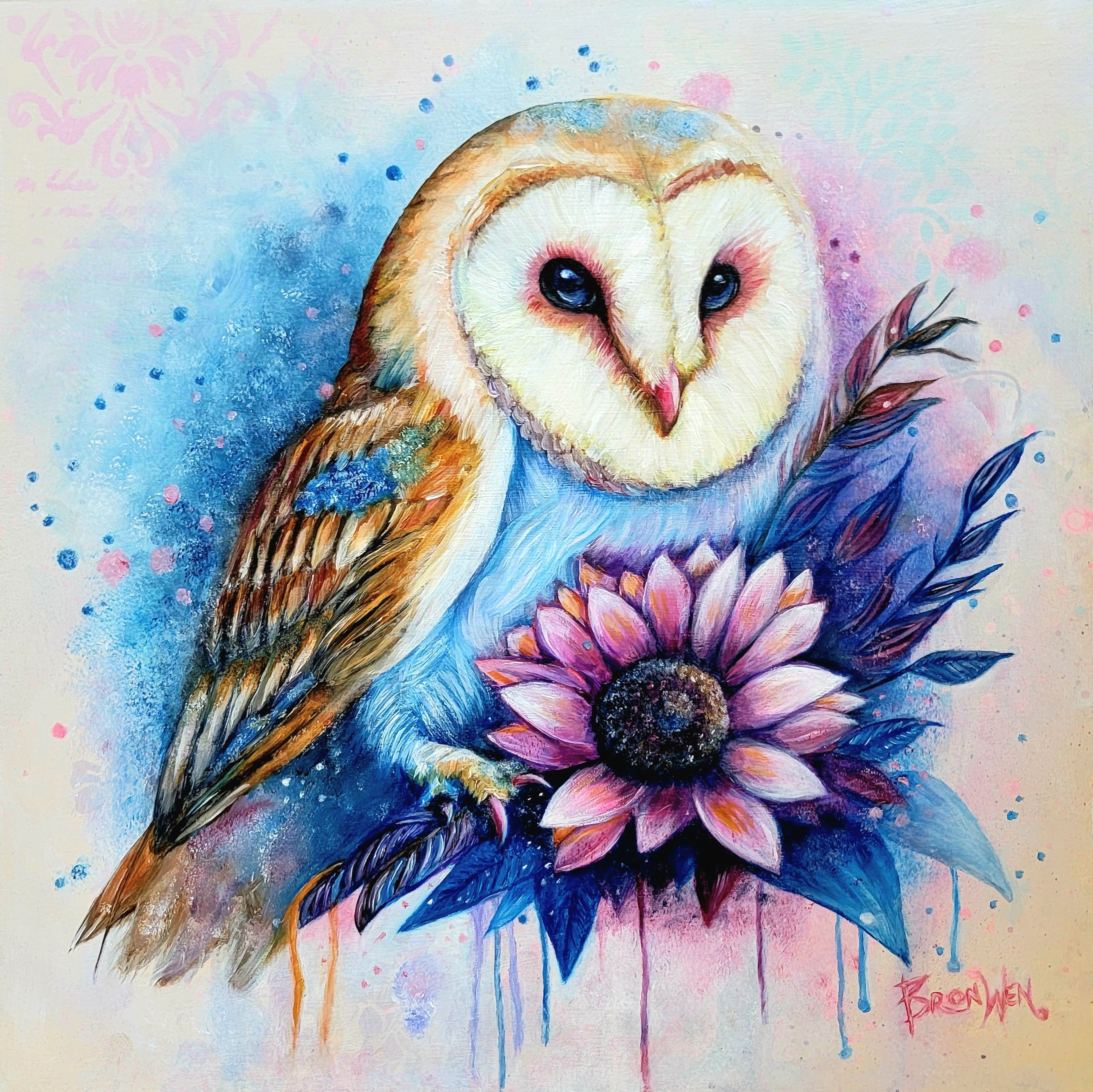 Barn Owl Floral Canvas Wall Art – Watercolor Owl with Sunflower, Stretched Matte Canvas product thumbnail image