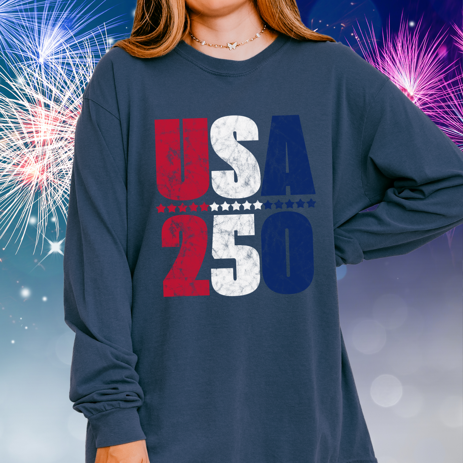 USA 250 Birthday Long Sleeve Shirt | Patriotic Anniversary Distressed Design