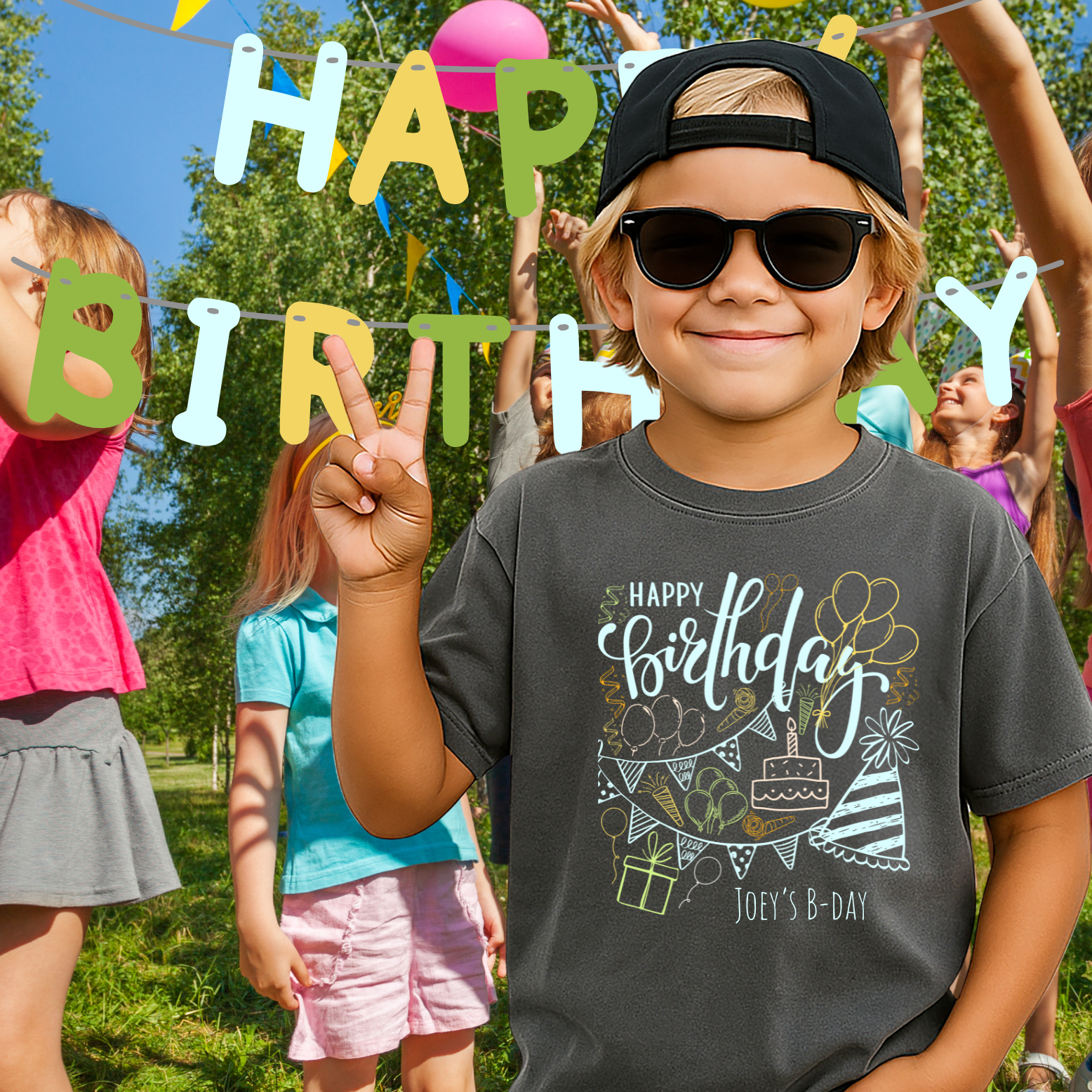 Happy Birthday Chalkboard Style T-Shirt | Kids Birthday Doodle Shirt, Custom Name