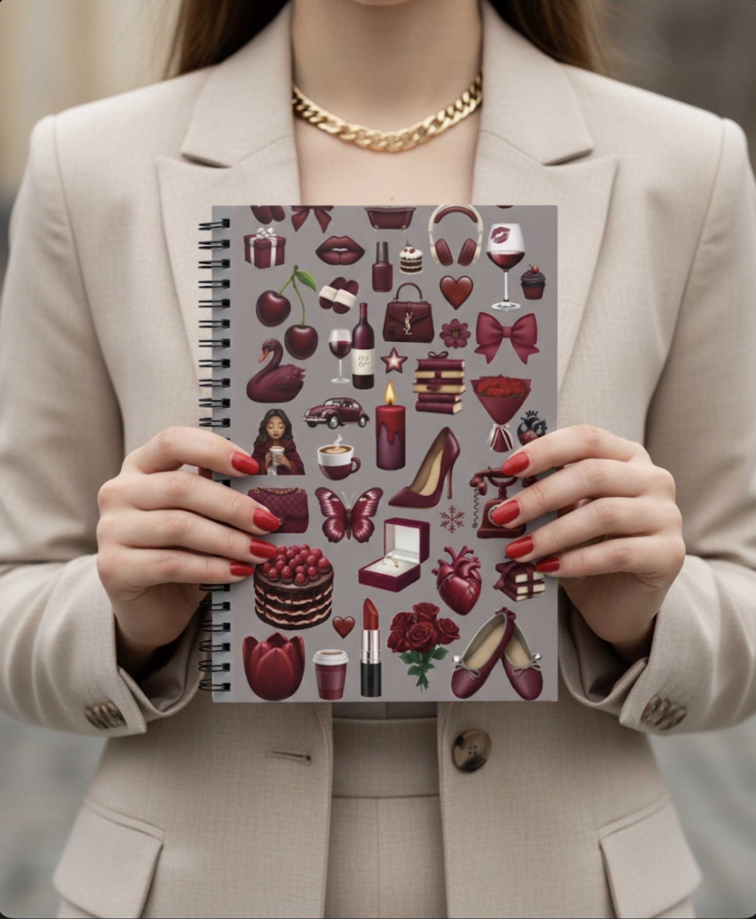 Burgundy Icons Spiral Notebook — Cute Chic Emoji Pattern Ruled Journal product thumbnail image Burgundy Icons Spiral Notebook — Cute Chic Emoji Pattern Ruled Journal product thumbnail image