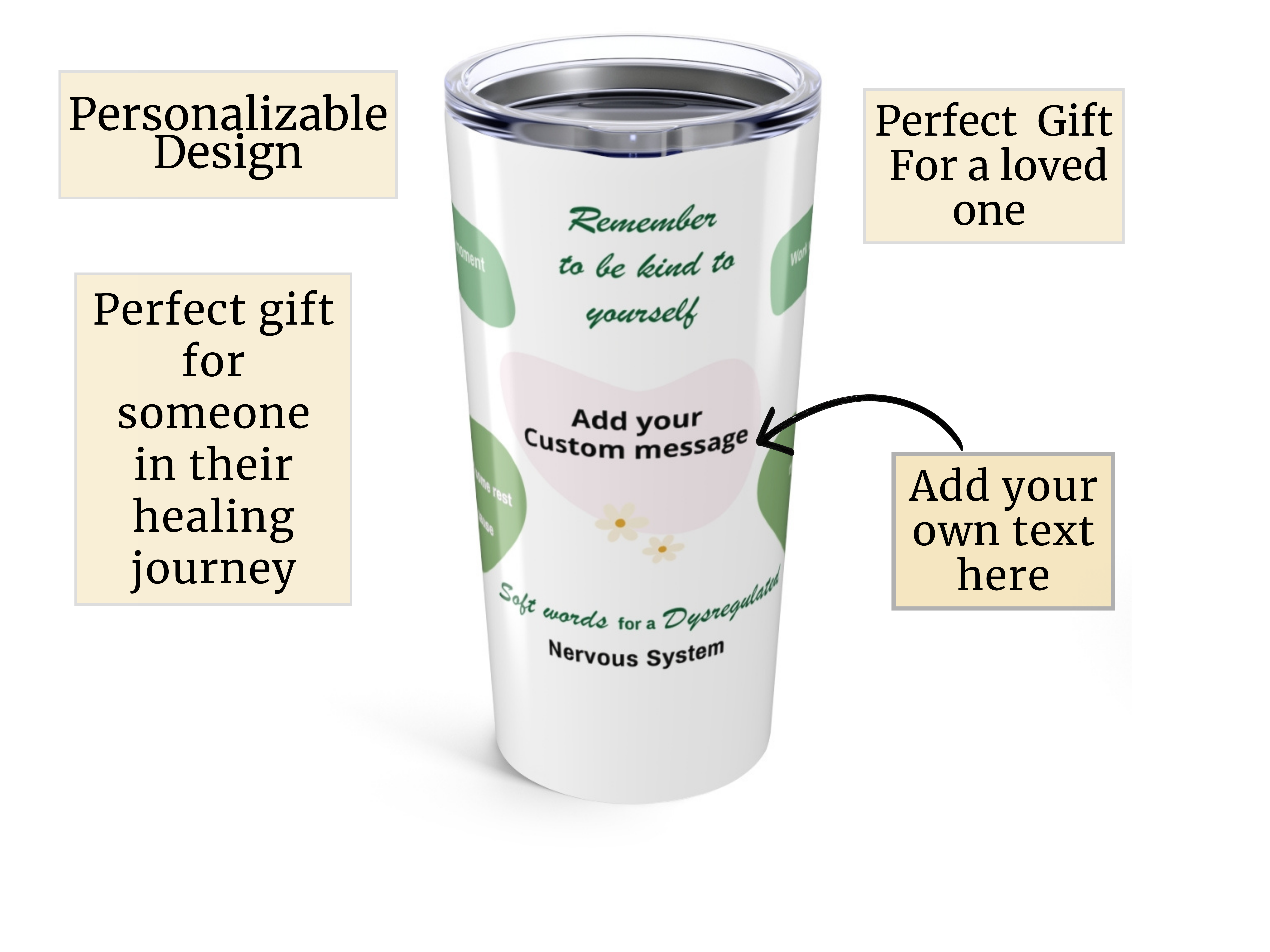 Personalizable Nervous System Tumbler Custom Design — Personalized 'Remember to Be Kind to Yourself' Affirmation Travel Mug product thumbnail image Personalizable Nervous System Tumbler Custom Design — Personalized 'Remember to Be Kind to Yourself' Affirmation Travel Mug product thumbnail image