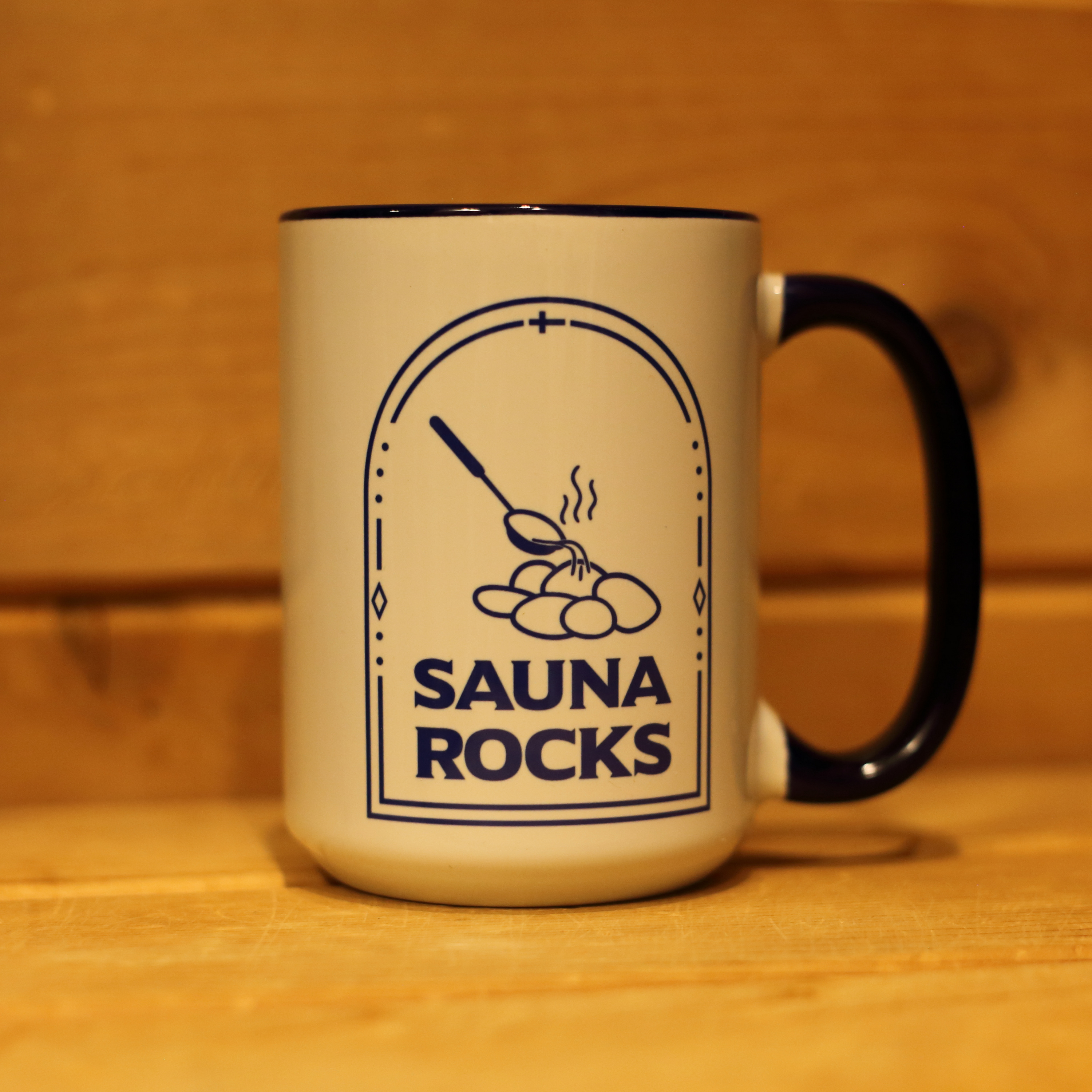 Sauna Rocks Colorful Mug | Dipper and Rocks with Decorative Frame and Matching Blue Handle and Rim | 11oz or 15oz