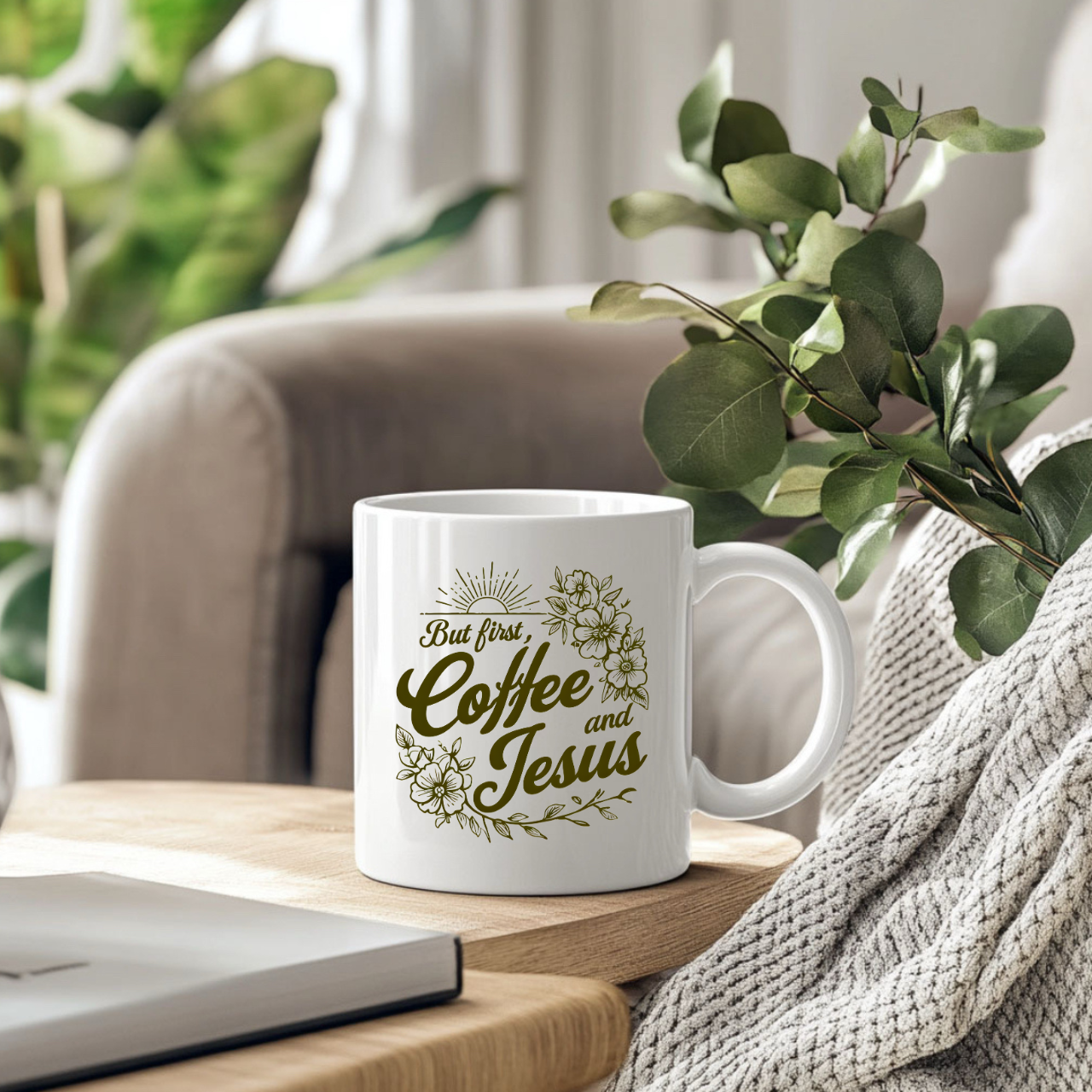 Jesus + Coffee Christian Coffee Mug | Faith Ceramic Mug 11oz &amp; 15oz | Botanical Design Christian Gift product thumbnail image