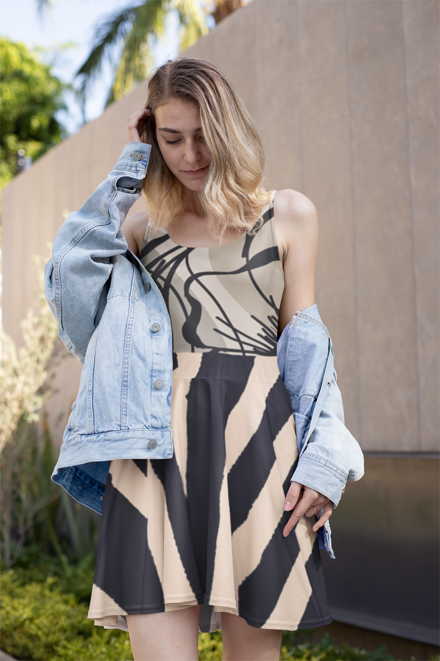 Striped &amp; Sketched Skater Dress — Floral Bodice, Bold Monochrome Skirt