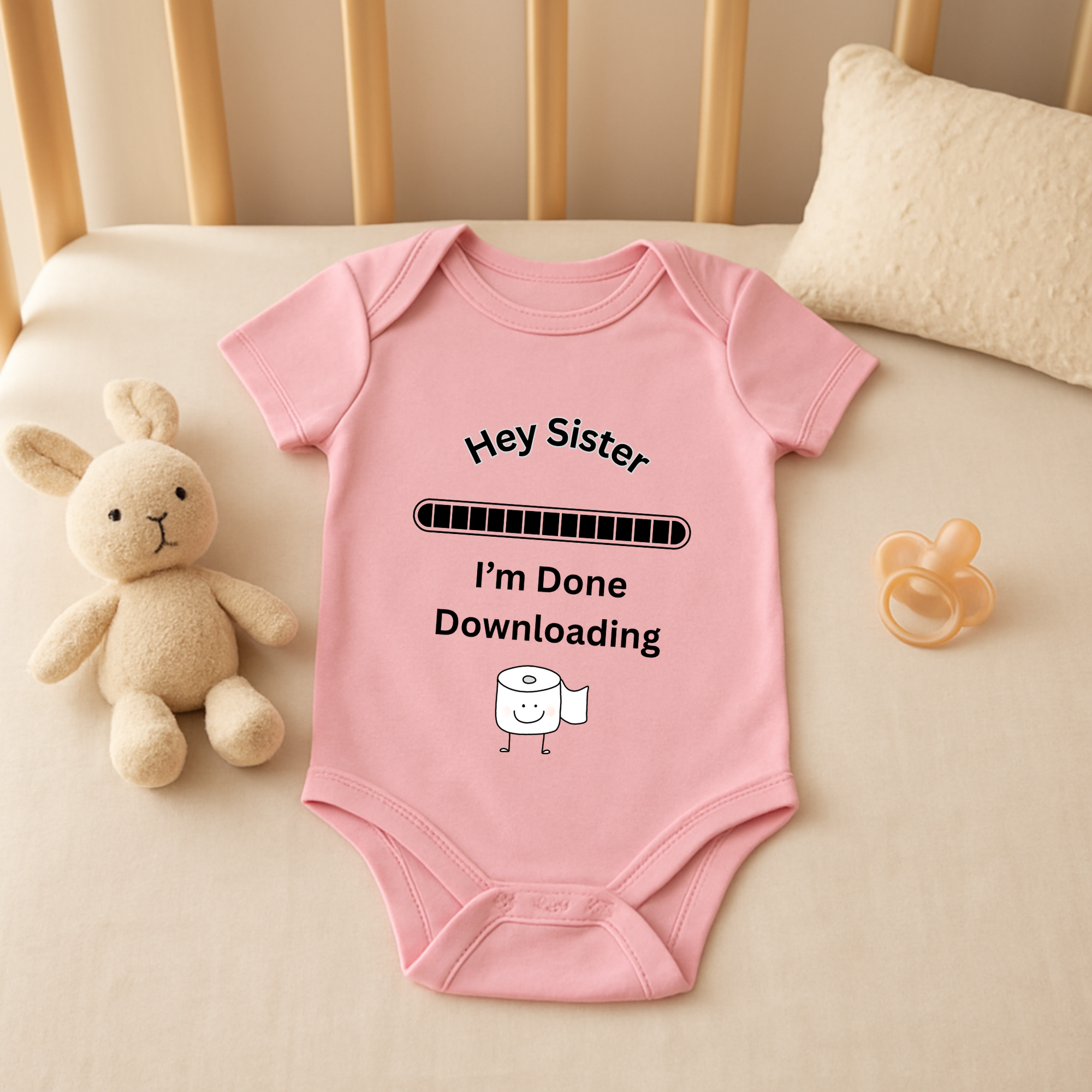 Hey Sister Im Done Downloading Baby Bodysuit Funny Infant One Piece Cute Sibling Announcement Baby Shower Gift product thumbnail image