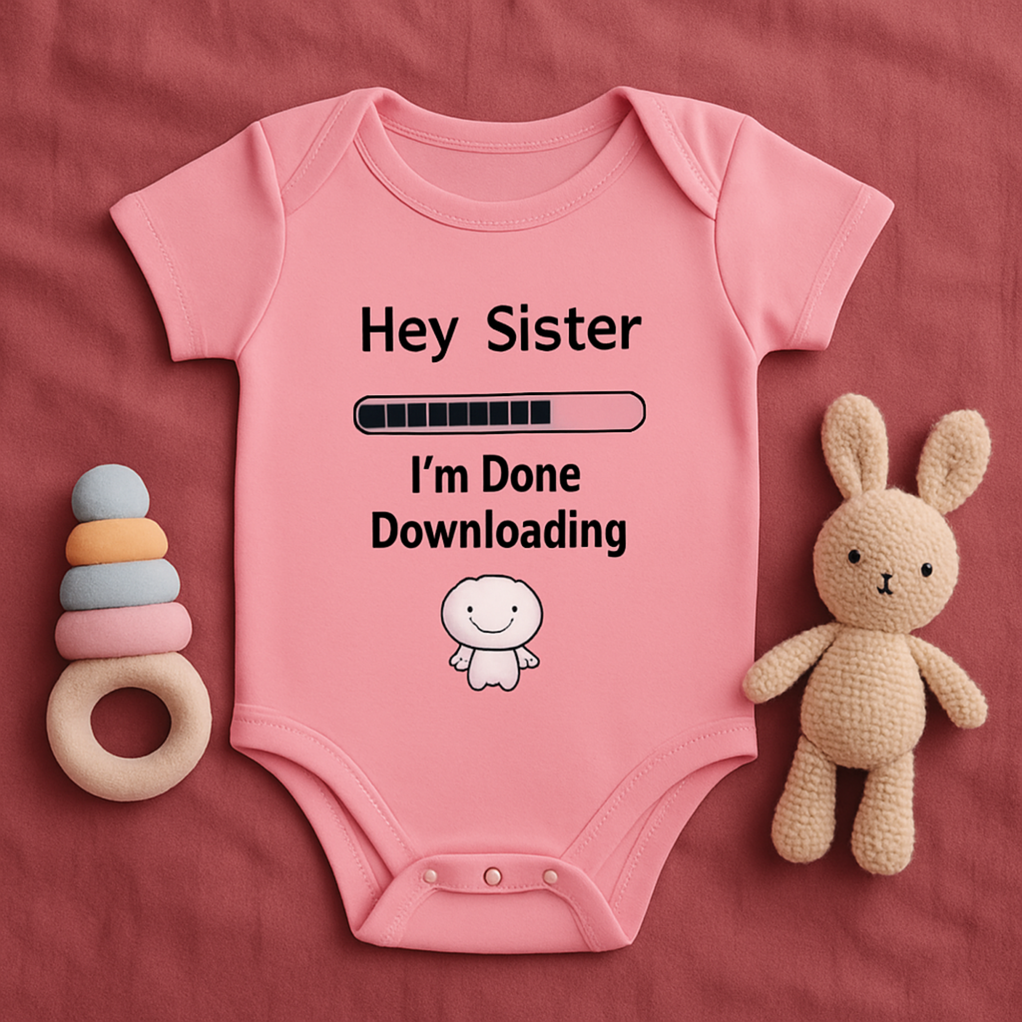 Hey Sister Im Done Downloading Baby Bodysuit Funny Infant One Piece Cute Sibling Announcement Baby Shower Gift product thumbnail image