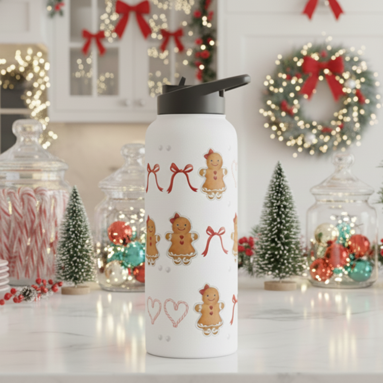 Gingerbread &amp; Candycane Hearts Stainless Steel Water Bottle — Holiday Cookie Pattern