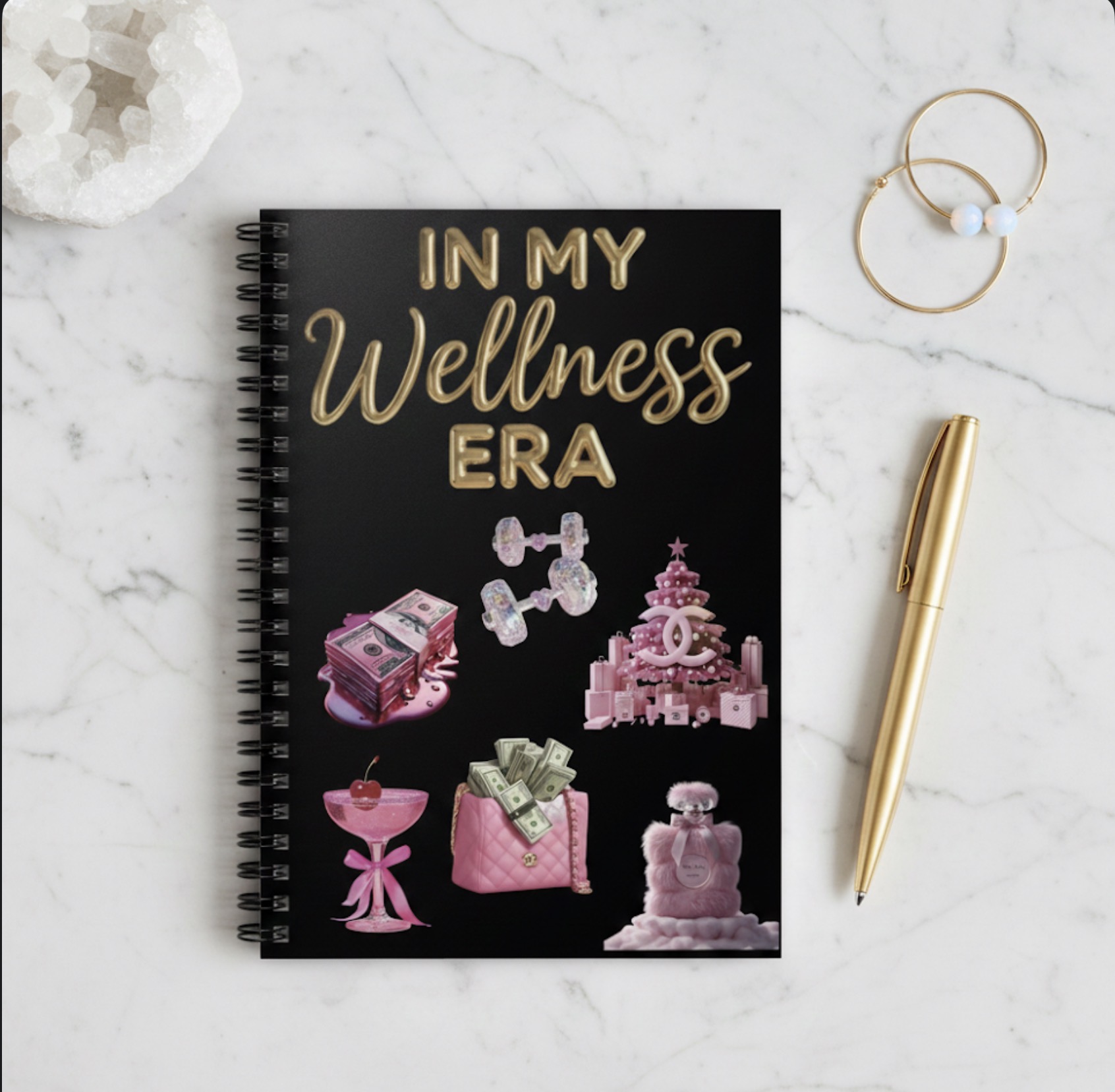 Wellness Era Spiral Notebook — "In My Wellness Era" Gold Script & Pink Self-Care Icons product thumbnail image Wellness Era Spiral Notebook — "In My Wellness Era" Gold Script & Pink Self-Care Icons product thumbnail image