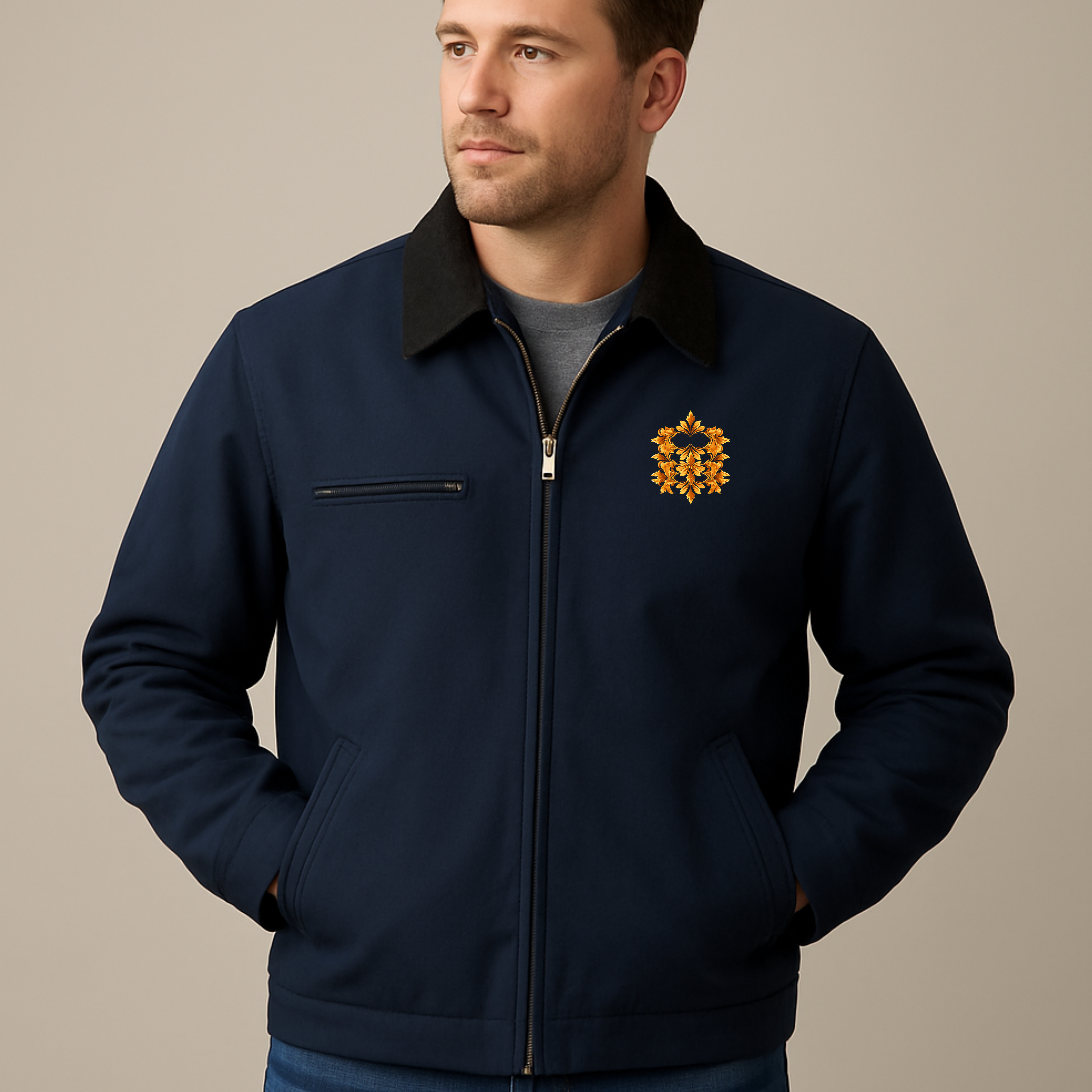 Embroidered Flame Crest Work Jacket — Durable Duck Cloth Utility Jacket product thumbnail image Embroidered Flame Crest Work Jacket — Durable Duck Cloth Utility Jacket product thumbnail image