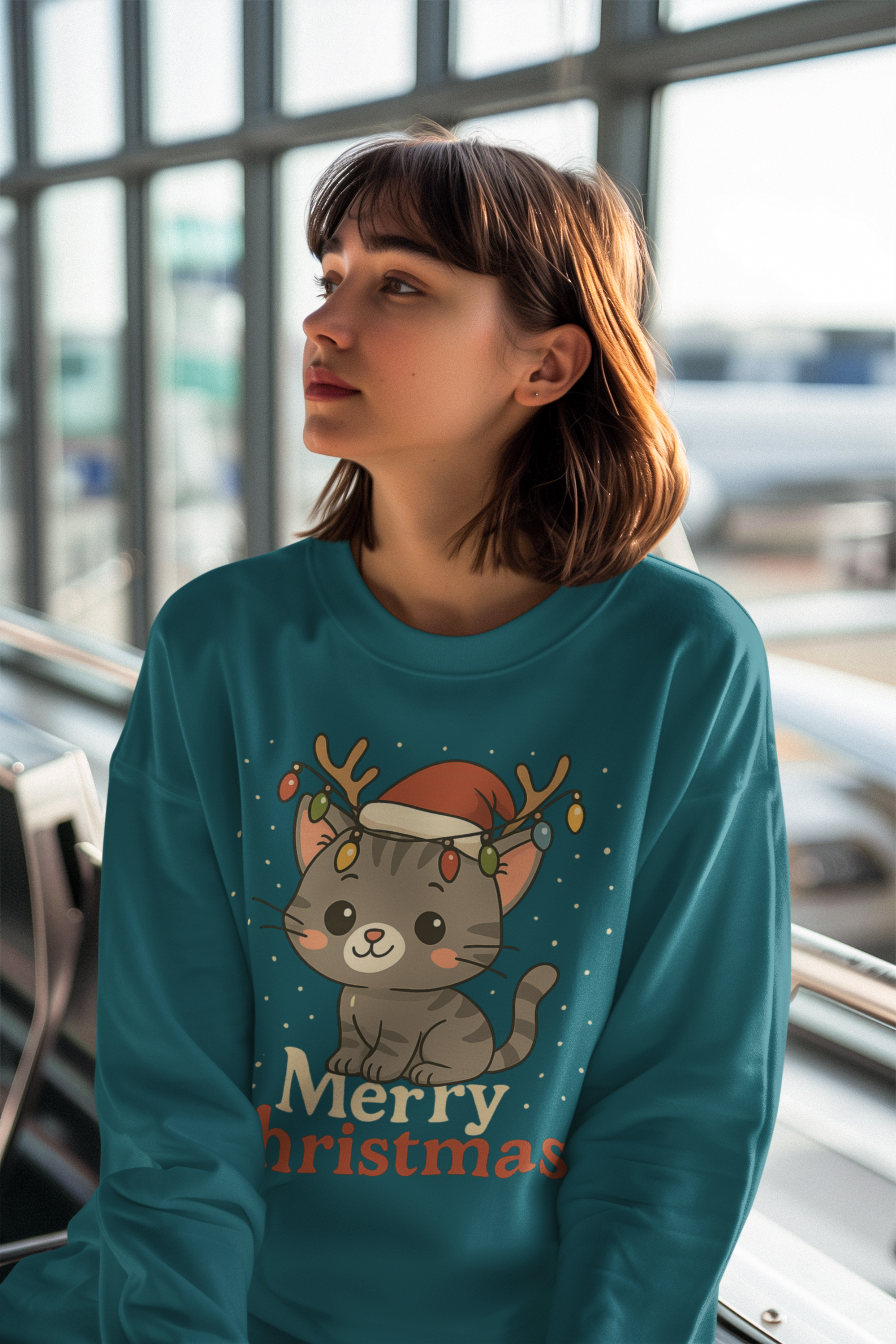 Cute Kitten with Reindeer Antlers Christmas Sweatshirt | Holiday Cat Crewneck product thumbnail image Cute Kitten with Reindeer Antlers Christmas Sweatshirt | Holiday Cat Crewneck product thumbnail image