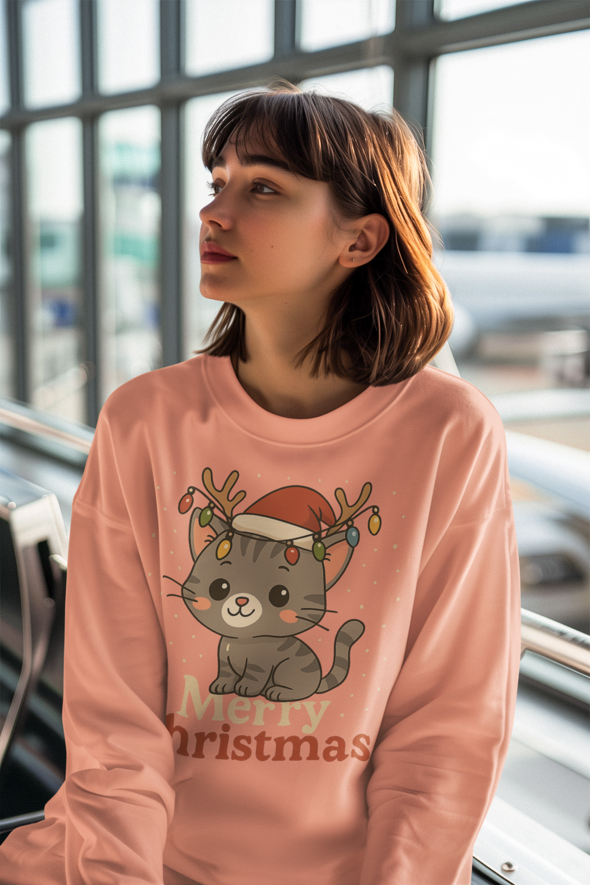 Cute Kitten with Reindeer Antlers Christmas Sweatshirt | Holiday Cat Crewneck Cute Kitten with Reindeer Antlers Christmas Sweatshirt | Holiday Cat Crewneck
