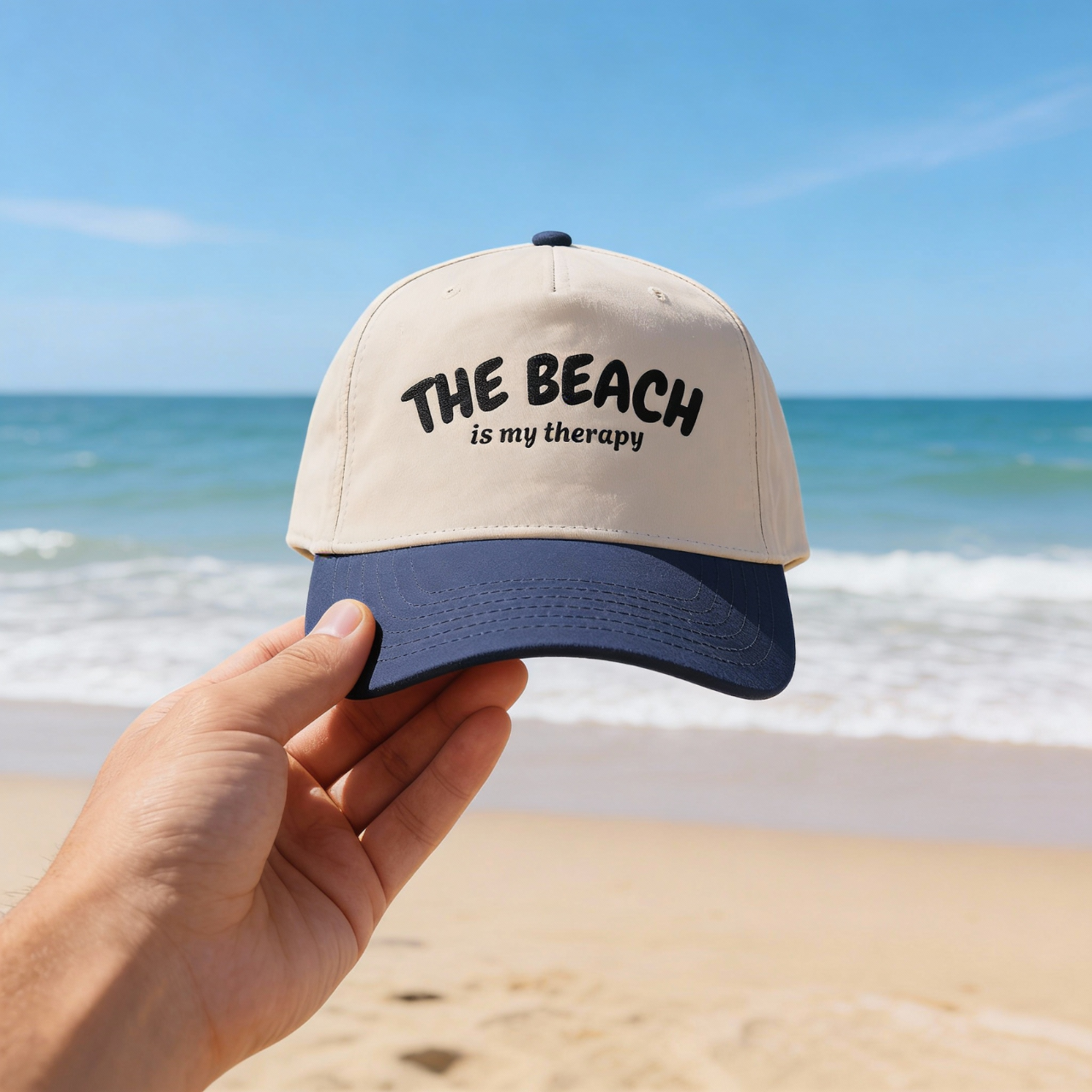 The Beach Is My Therapy Hat, Black Embroidered Mid Profile Hat, Coastal Baseball Cap, Vacation Aesthetic Hat, Sun Hat for Women product thumbnail image