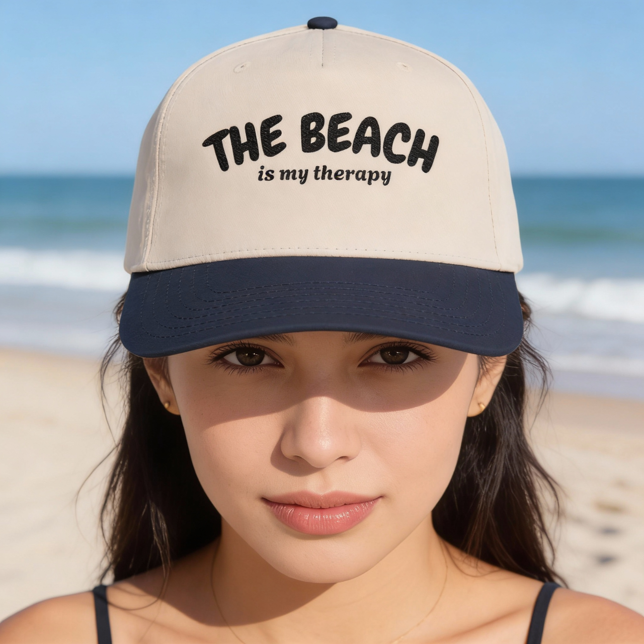The Beach Is My Therapy Hat, Black Embroidered Mid Profile Hat, Coastal Baseball Cap, Vacation Aesthetic Hat, Sun Hat for Women product thumbnail image