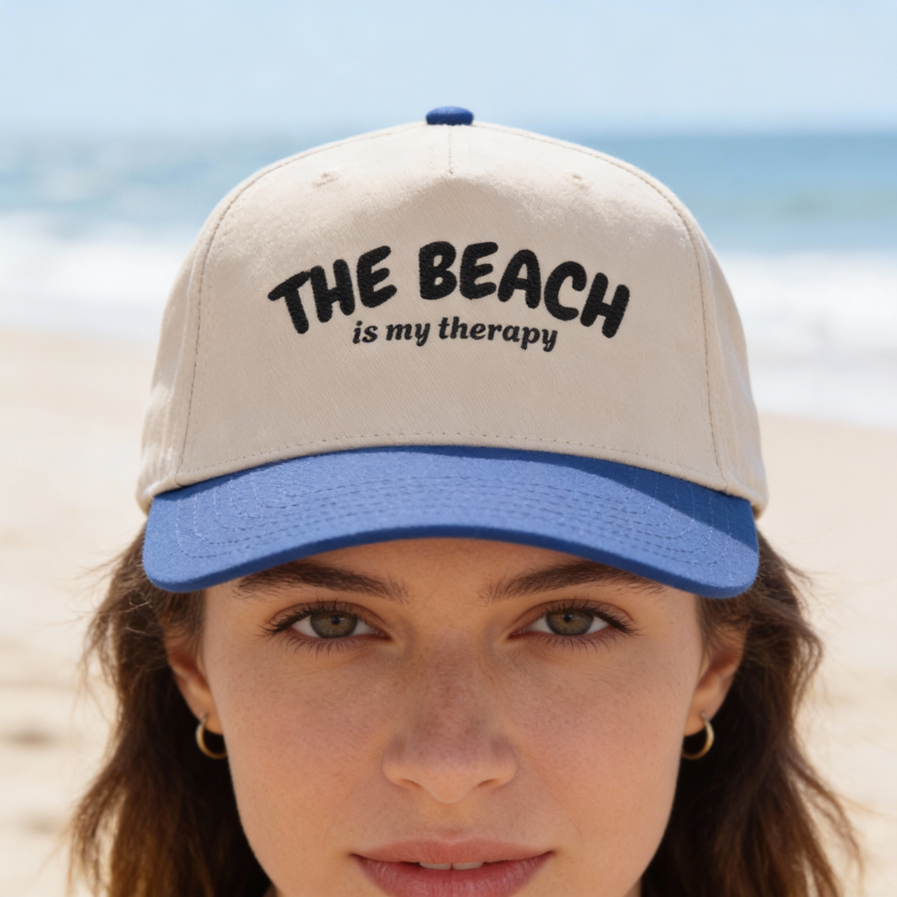 The Beach Is My Therapy Hat, Black Embroidered Mid Profile Hat, Coastal Baseball Cap, Vacation Aesthetic Hat, Sun Hat for Women product thumbnail image