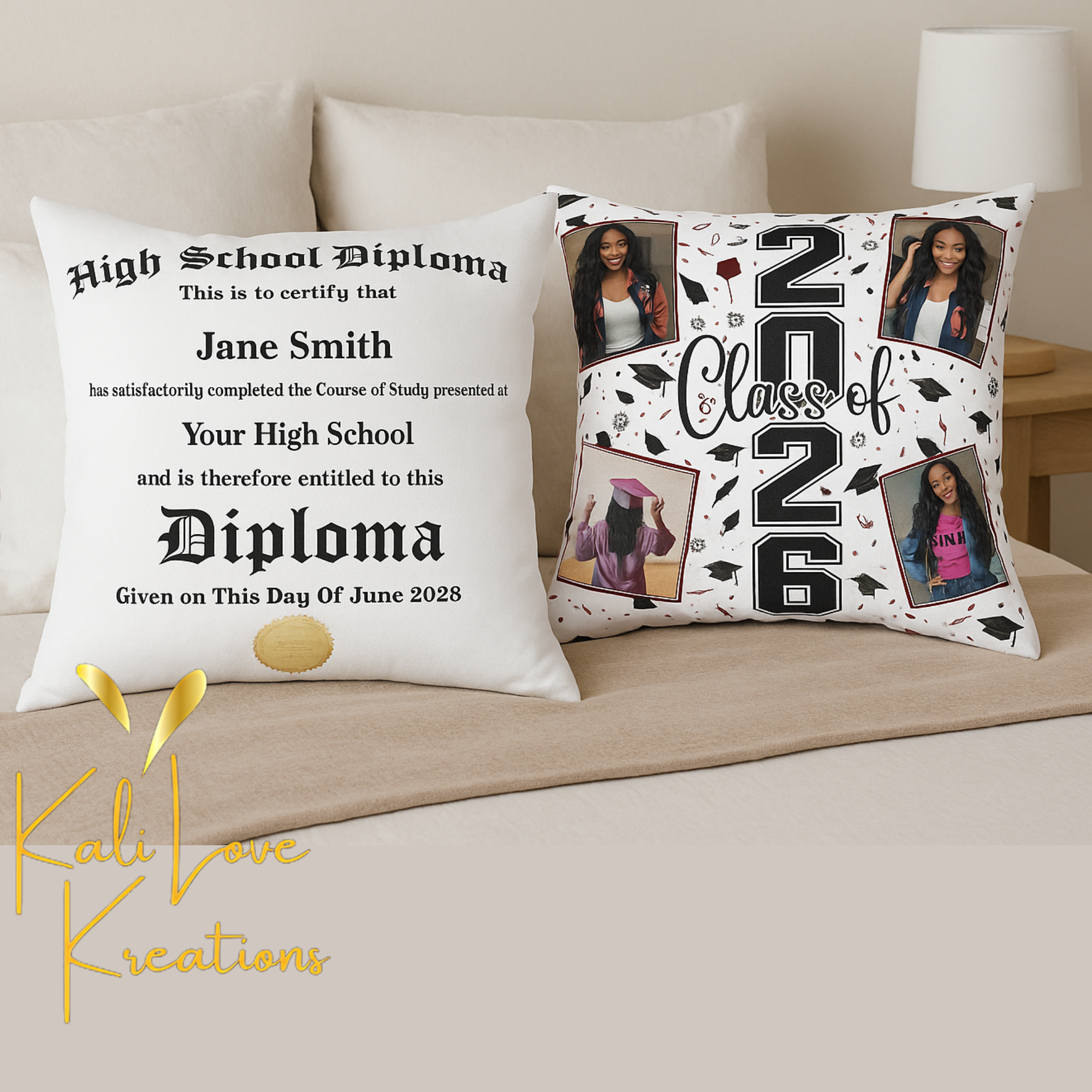 Class of 2026 Graduation- Diploma &amp; Cap Decorative Throw Pillow -Personalized