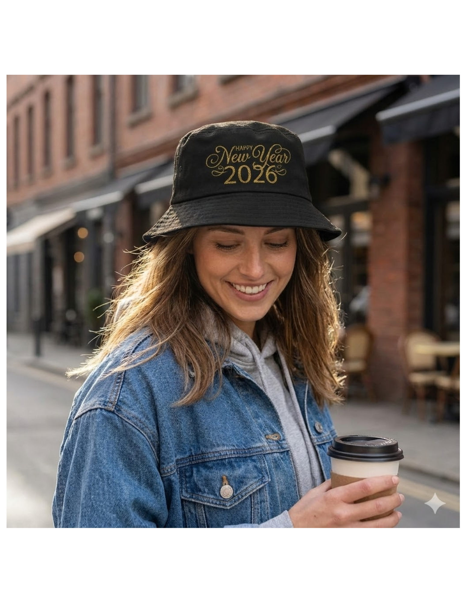 Embroidered "Happy New Year 2026" Bucket Hat — Gold Sparkle Celebration product thumbnail image