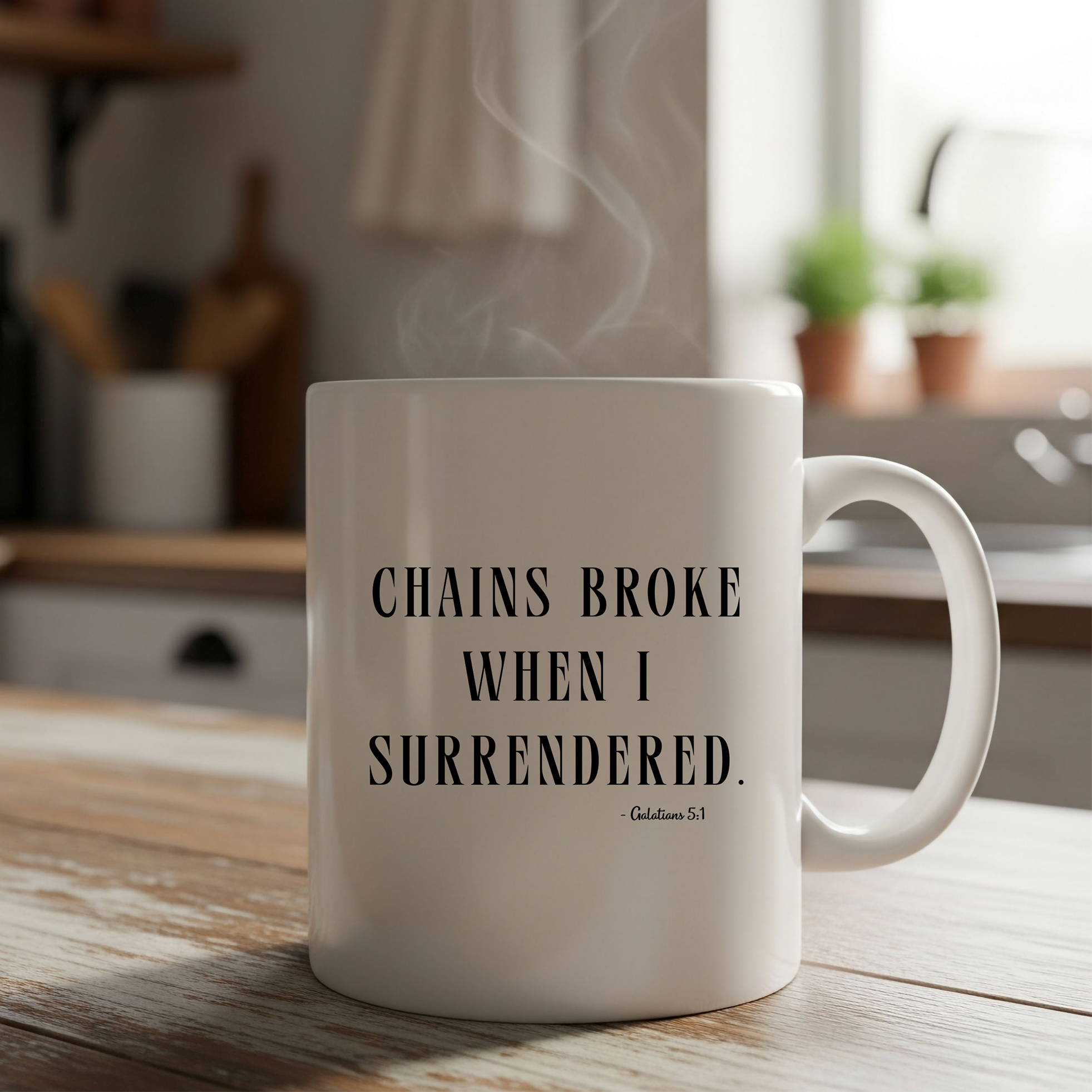 Ceramic Mug — "Chains Broke When I Surrendered" Inspirational Bible Verse Coffee Cup (Galatians 5:1)