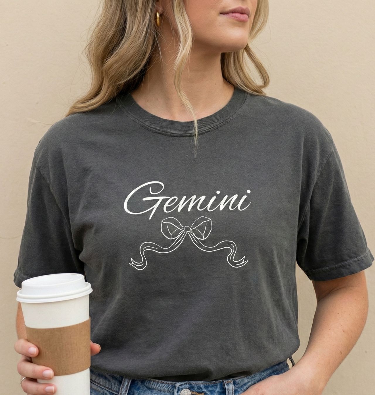 Gemini Zodiac T‑Shirt Script Sign with Ribbon Graphic