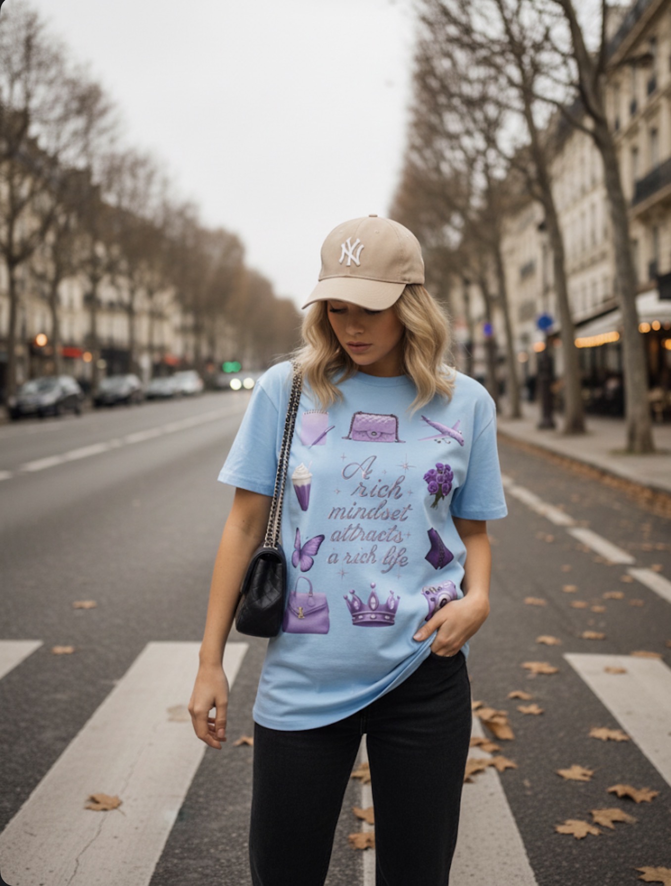 Affirmation Tee — "A rich mindset attracts a rich life" Purple Icons Graphic T-Shirt product thumbnail image Affirmation Tee — "A rich mindset attracts a rich life" Purple Icons Graphic T-Shirt product thumbnail image