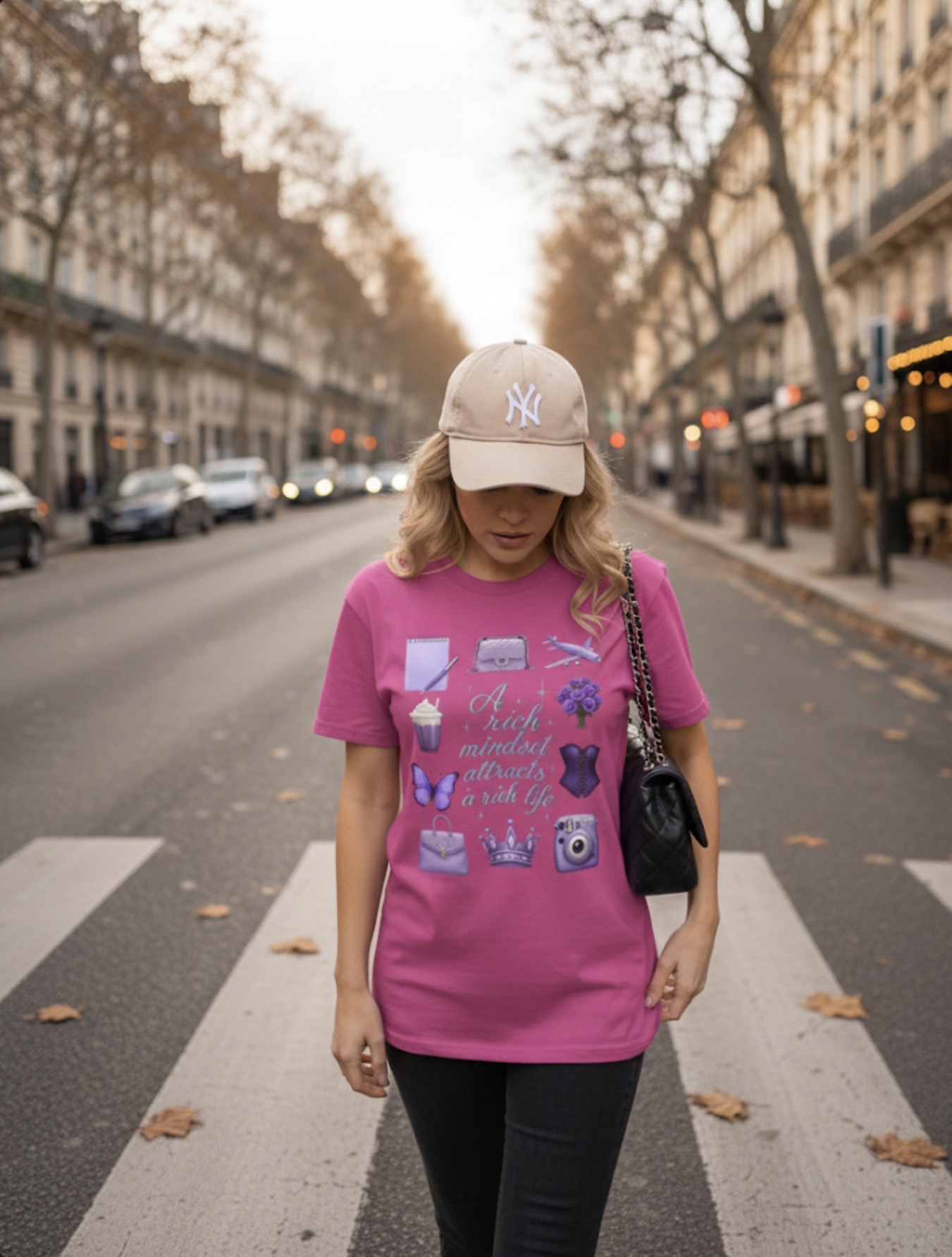 Affirmation Tee — "A rich mindset attracts a rich life" Purple Icons Graphic T-Shirt product thumbnail image Affirmation Tee — "A rich mindset attracts a rich life" Purple Icons Graphic T-Shirt product thumbnail image