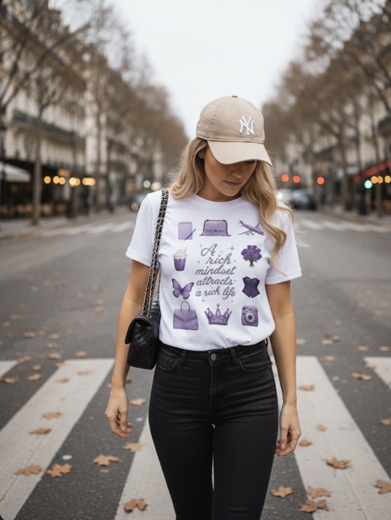 Affirmation Tee — "A rich mindset attracts a rich life" Purple Icons Graphic T-Shirt product thumbnail image