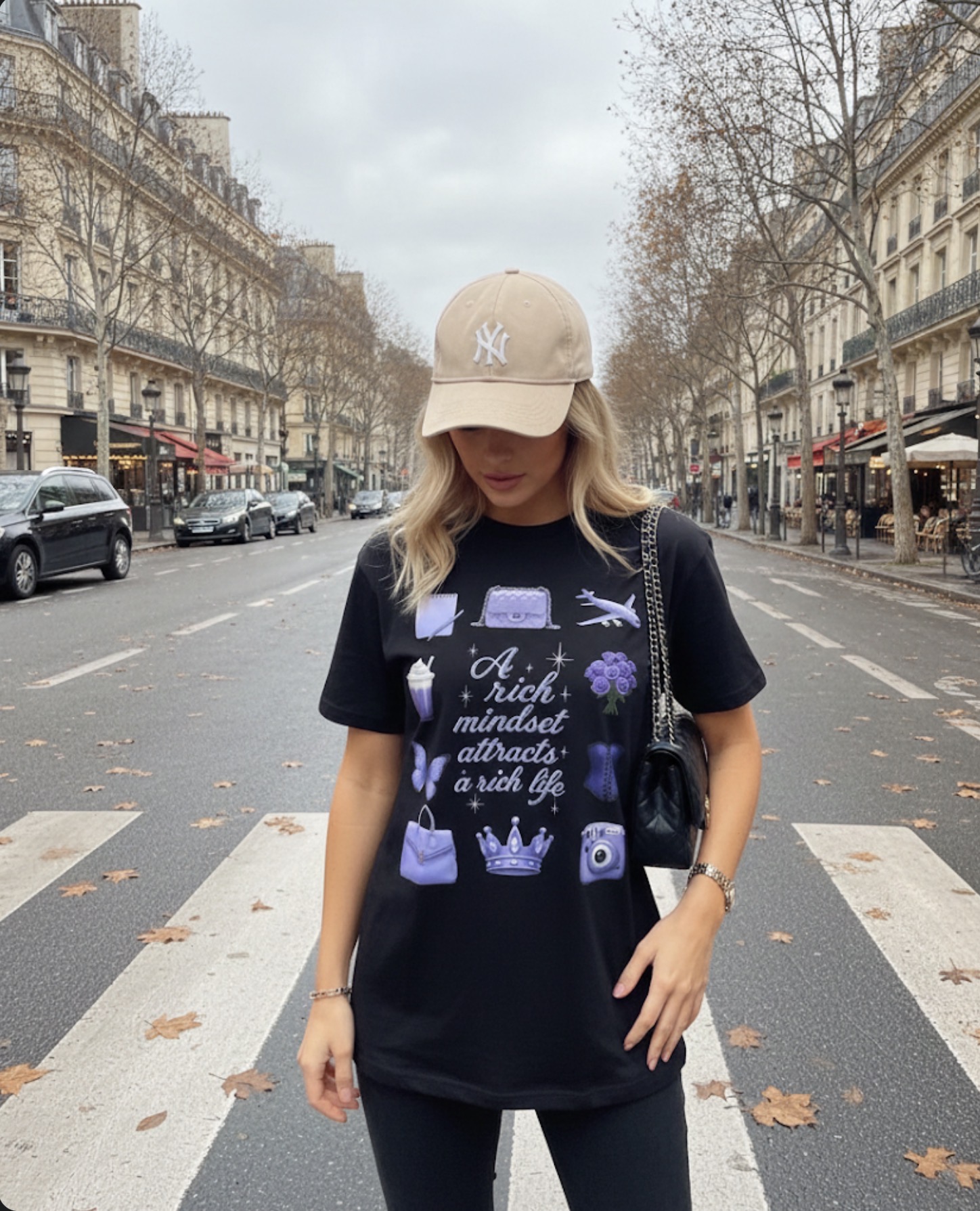 Affirmation Tee — "A rich mindset attracts a rich life" Purple Icons Graphic T-Shirt