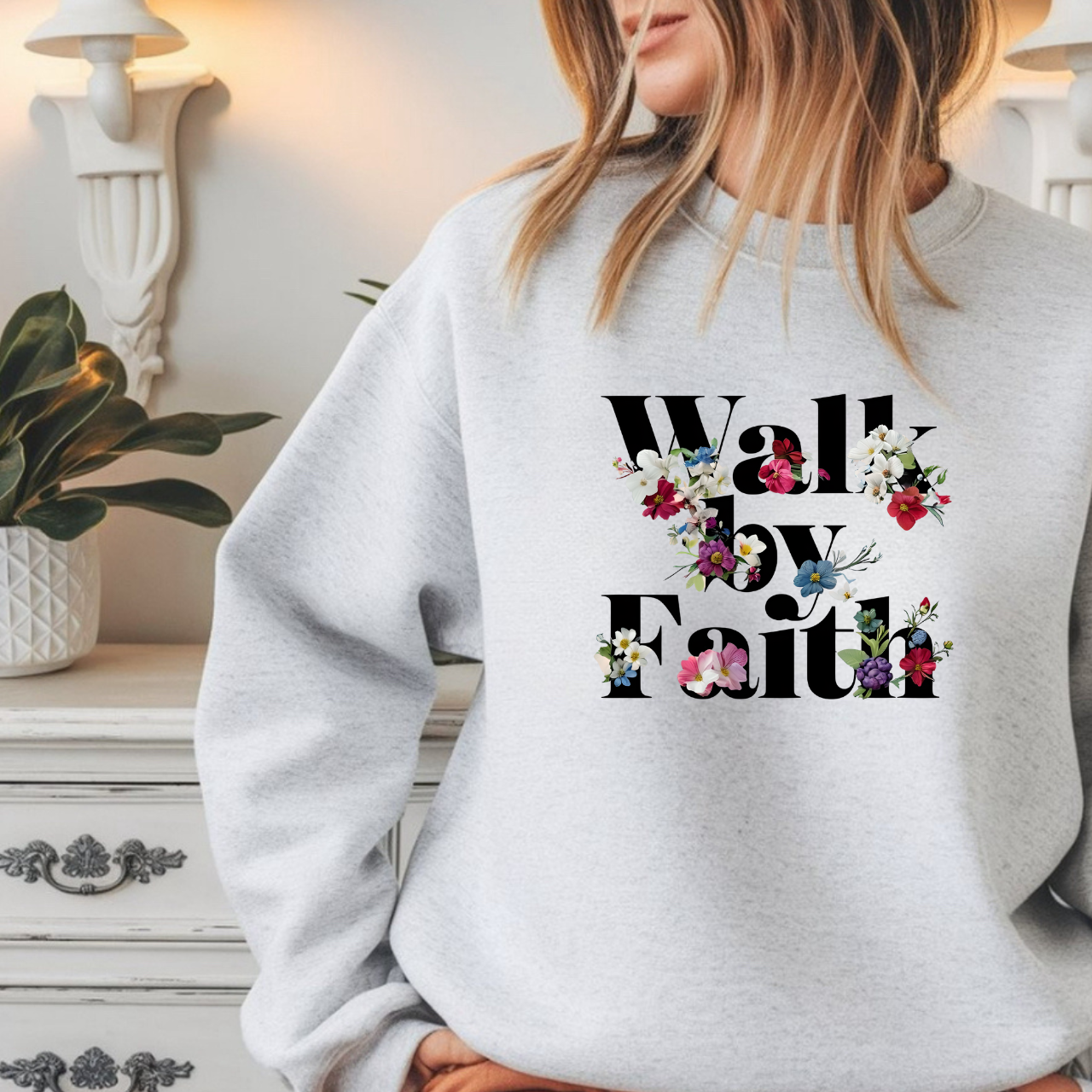 Walk By Faith Floral Gildan Crewneck Unisex Christian Sweatshirt product thumbnail image