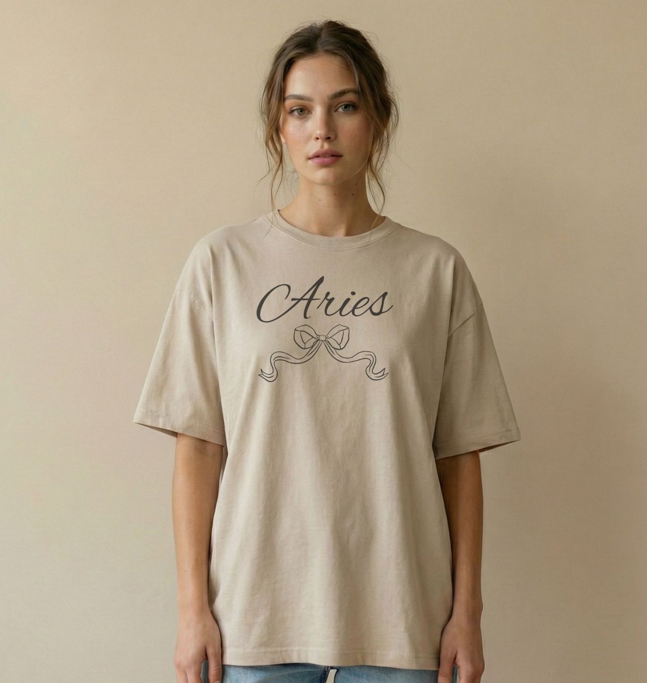 Aries Zodiac T-Shirt Script Horoscope Short Sleeve Tee with Decorative Ribbon product thumbnail image