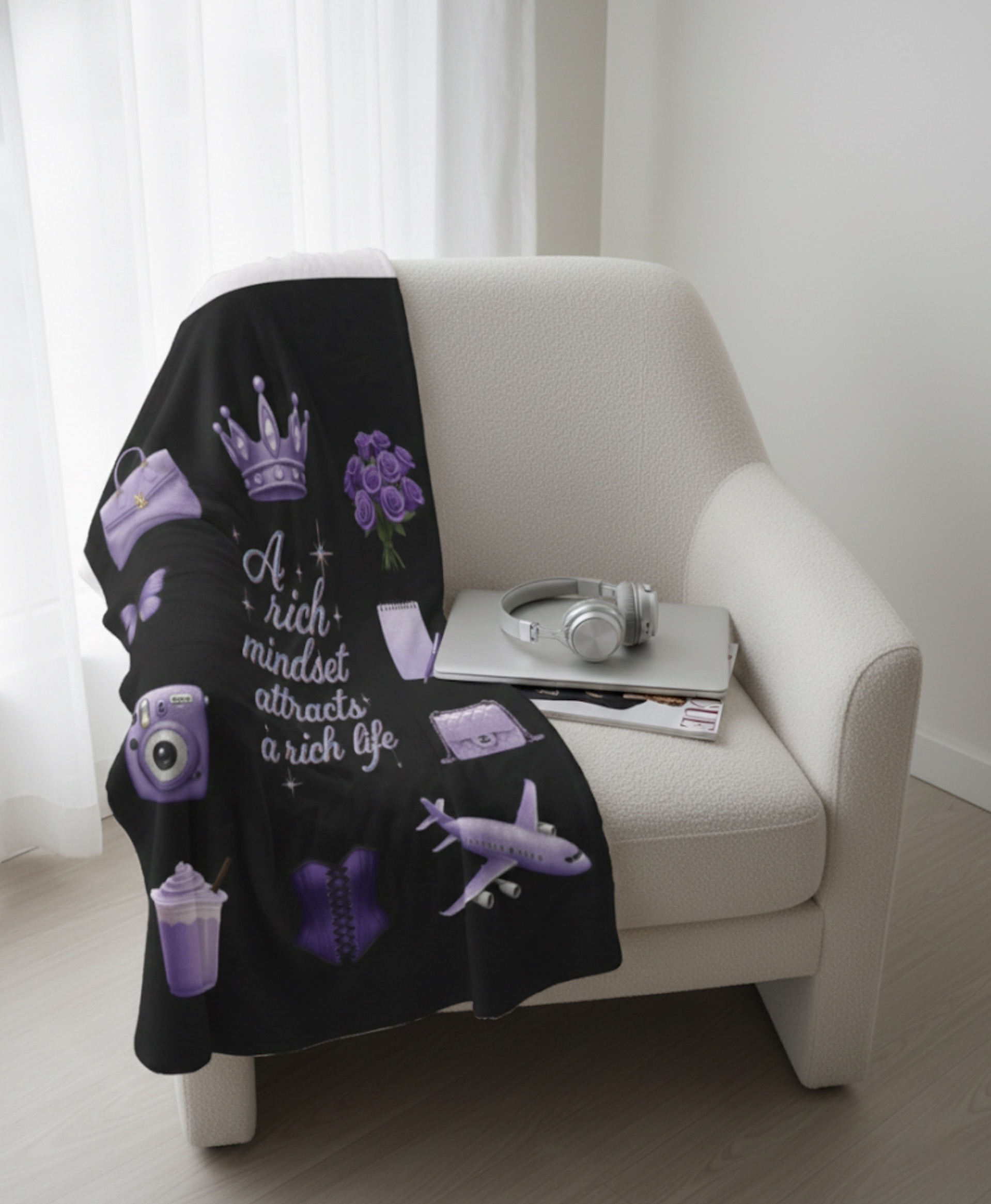 Velveteen Plush Blanket — "A Rich Mindset Attracts a Rich Life" Luxury Purple Icons Throw product thumbnail image Velveteen Plush Blanket — "A Rich Mindset Attracts a Rich Life" Luxury Purple Icons Throw product thumbnail image