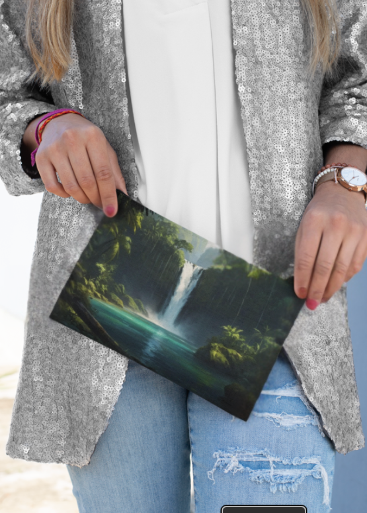 Waterfall Oasis Mini Clutch Bag — Tropical Nature Landscape Zipper Pouch product thumbnail image Waterfall Oasis Mini Clutch Bag — Tropical Nature Landscape Zipper Pouch product thumbnail image