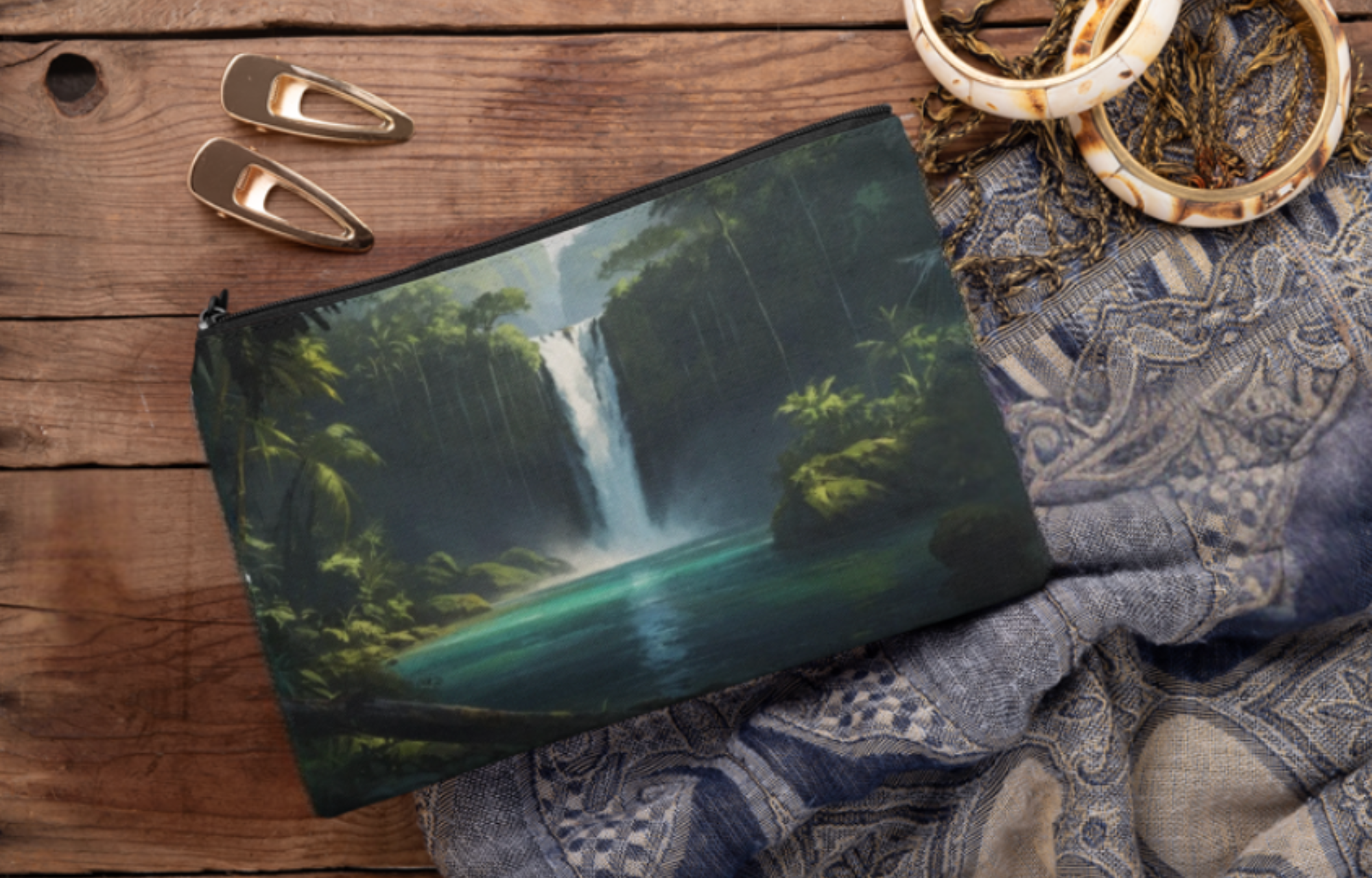 Waterfall Oasis Mini Clutch Bag — Tropical Nature Landscape Zipper Pouch product thumbnail image Waterfall Oasis Mini Clutch Bag — Tropical Nature Landscape Zipper Pouch product thumbnail image