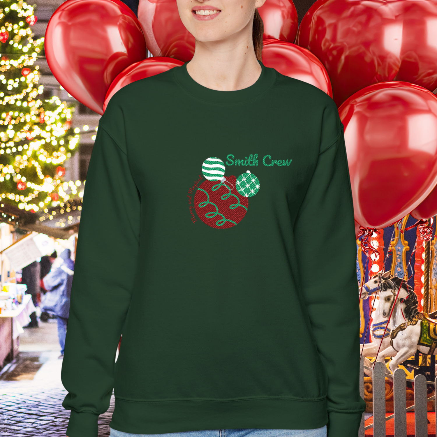 Merry &amp; Magical Embroidered Personalized Holiday Sweatshirt | Christmas Ornament Design 