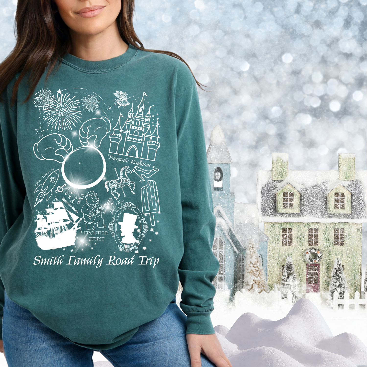 Fairytale Kingdom Storybook Doodle Long Sleeve Shirt | Whimsical Castle Illustration