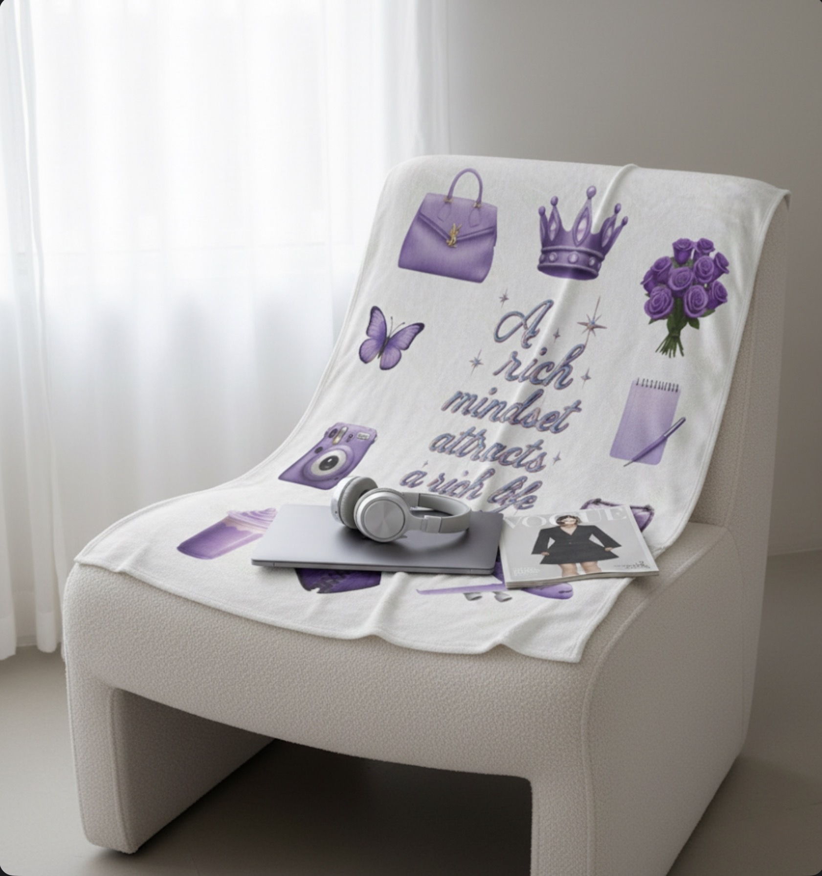 Velveteen Plush Blanket — "A Rich Mindset Attracts a Rich Life" Luxury Purple Icons Throw product thumbnail image