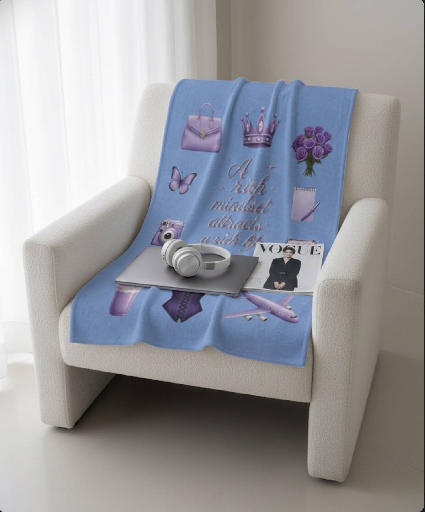 Velveteen Plush Blanket — "A Rich Mindset Attracts a Rich Life" Luxury Purple Icons Throw