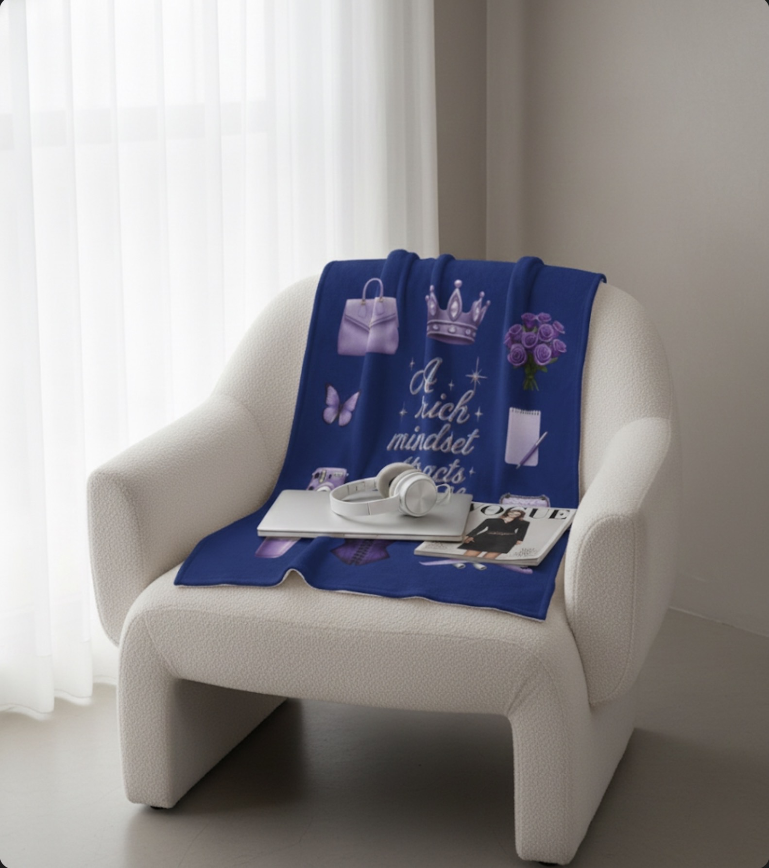 Velveteen Plush Blanket — "A Rich Mindset Attracts a Rich Life" Luxury Purple Icons Throw product thumbnail image Velveteen Plush Blanket — "A Rich Mindset Attracts a Rich Life" Luxury Purple Icons Throw product thumbnail image