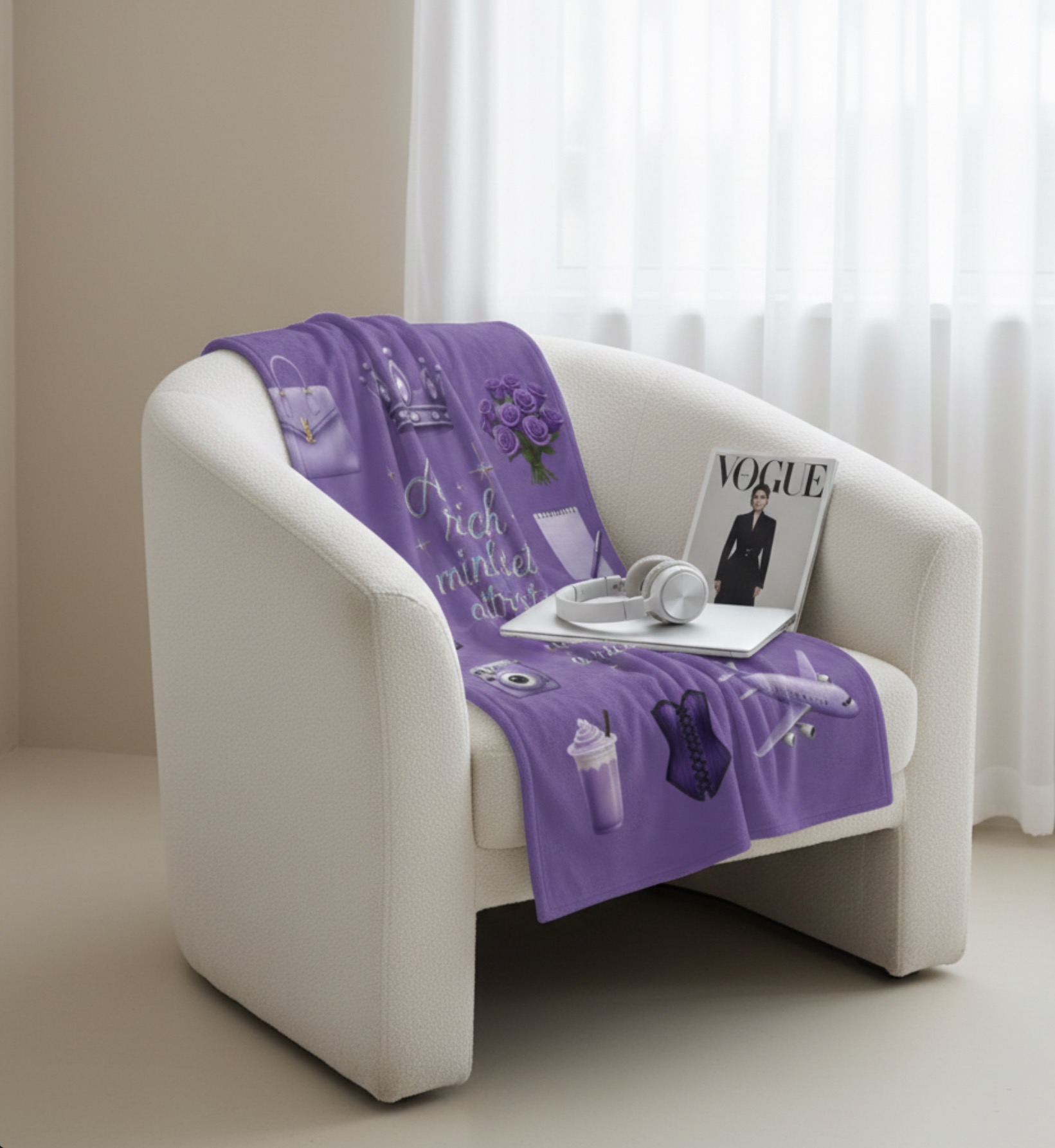 Velveteen Plush Blanket — "A Rich Mindset Attracts a Rich Life" Luxury Purple Icons Throw product thumbnail image