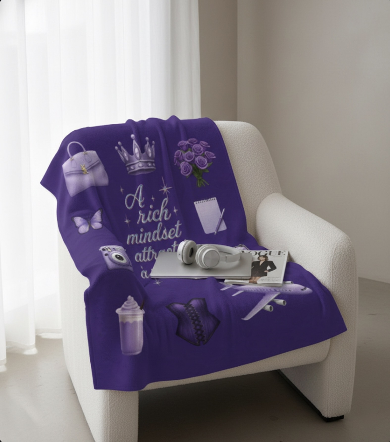 Velveteen Plush Blanket — "A Rich Mindset Attracts a Rich Life" Luxury Purple Icons Throw