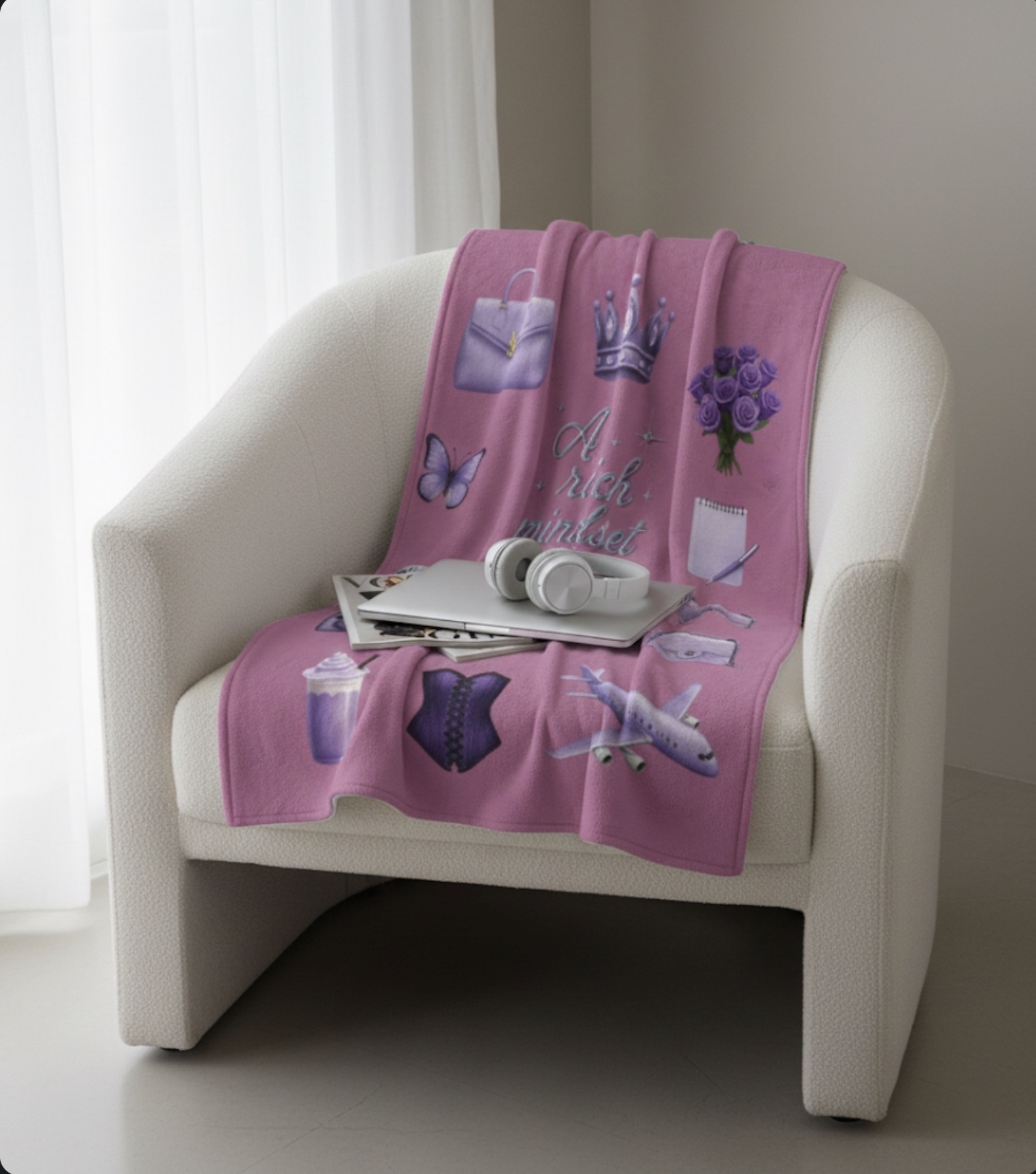 Velveteen Plush Blanket — "A Rich Mindset Attracts a Rich Life" Luxury Purple Icons Throw
