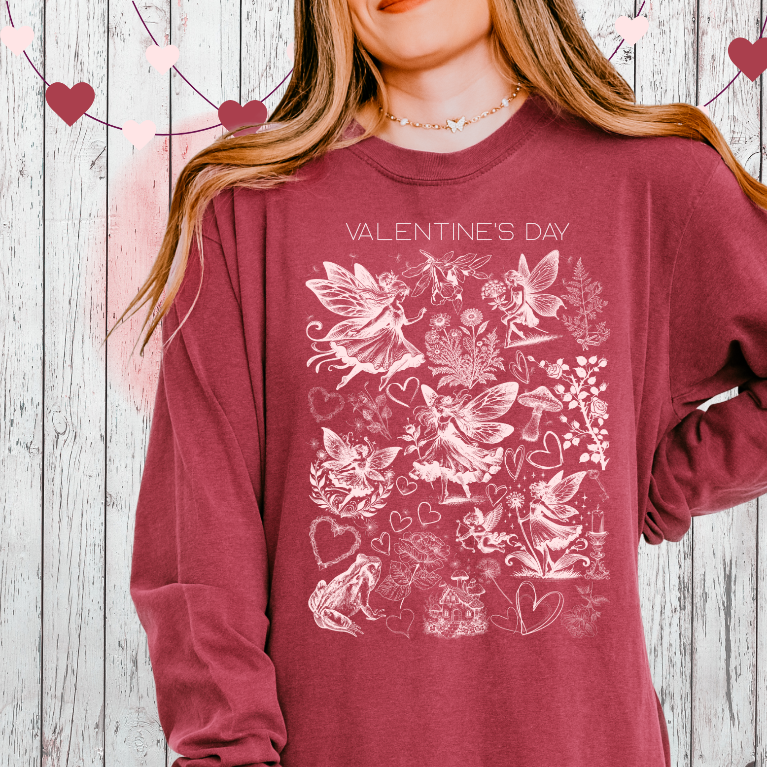 Fairy Floral Hearts Doodle  Illustration Long Sleeve T-Shirt | Valentine Garden Collage 