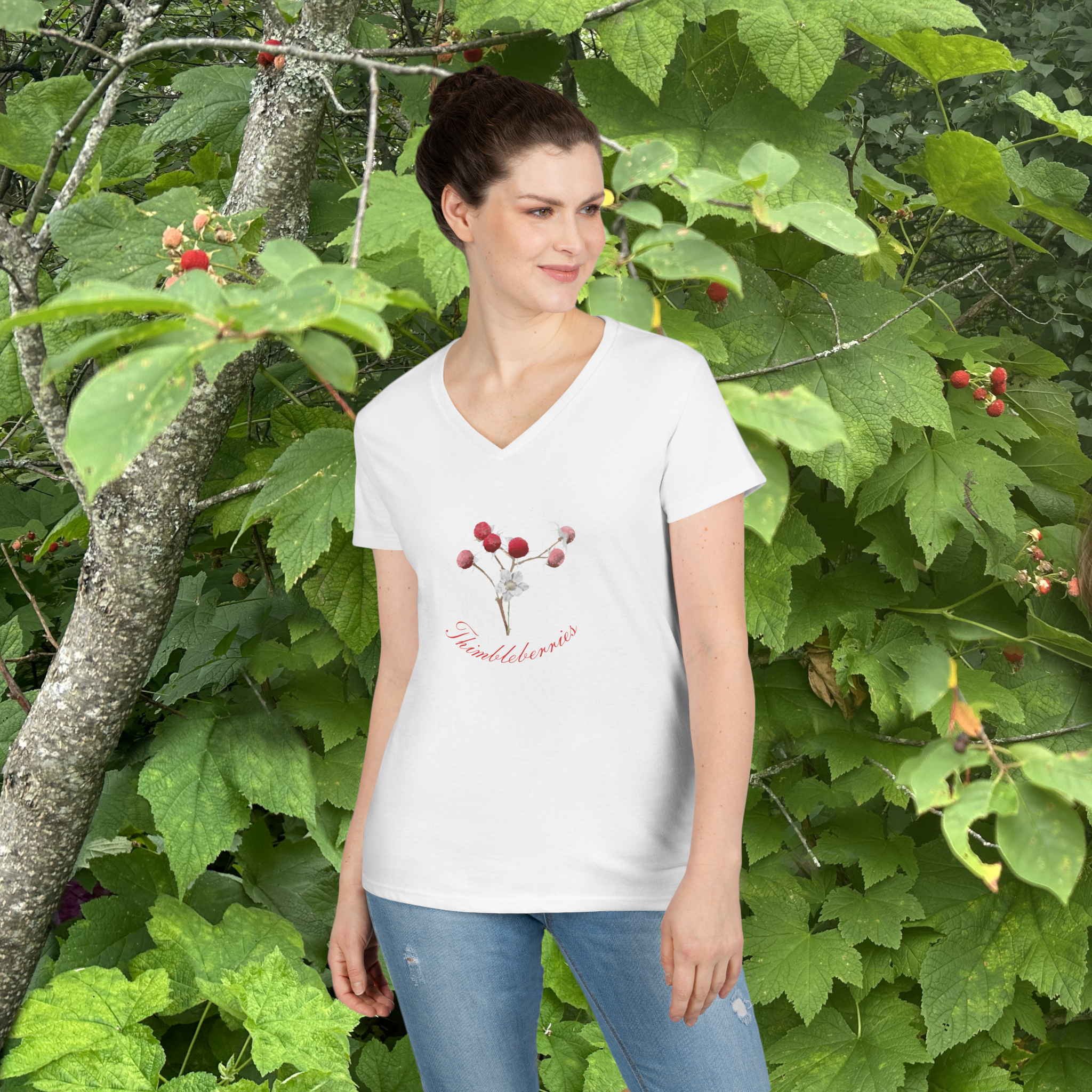 Thimbleberry Women’s V Neck Shirt | Michigan Upper Peninsula Tee | Yooper Berry Blossom Line Art Gift for Her
