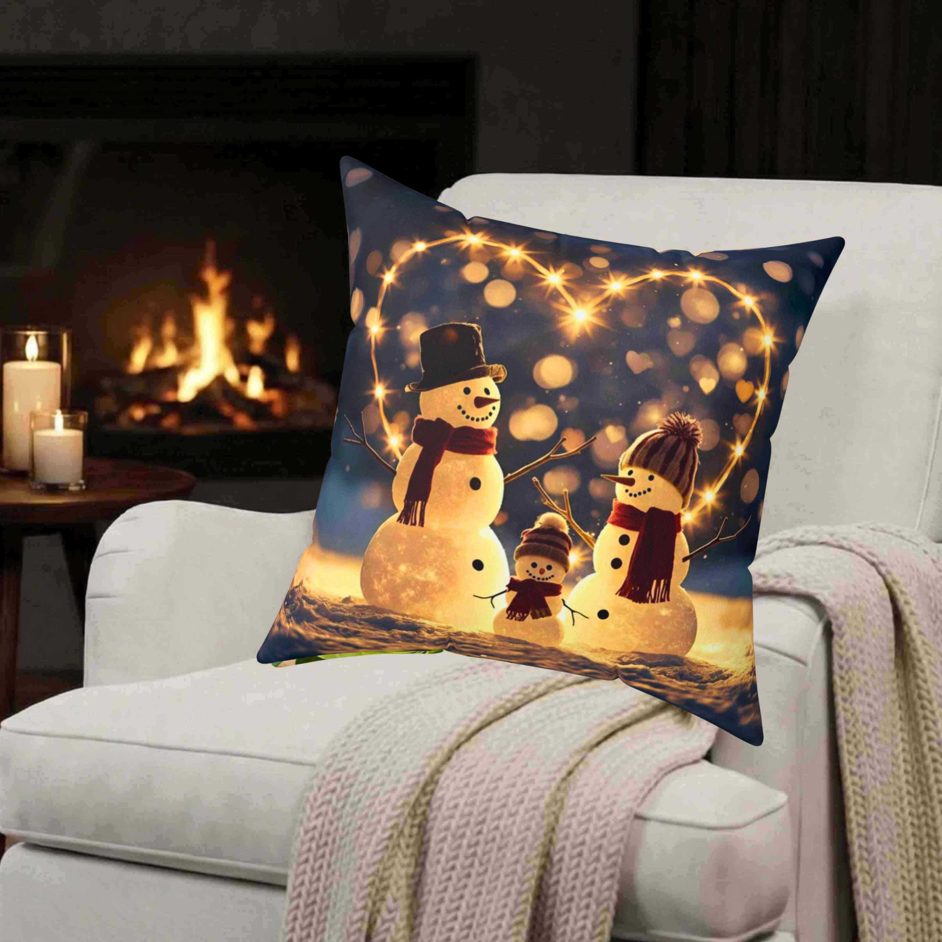 Custom Snowman Family Pillow – Snow Family in Front of Glowing Heart with Lights &amp; Snowfall – Personalized Christmas Throw Cushion Gift