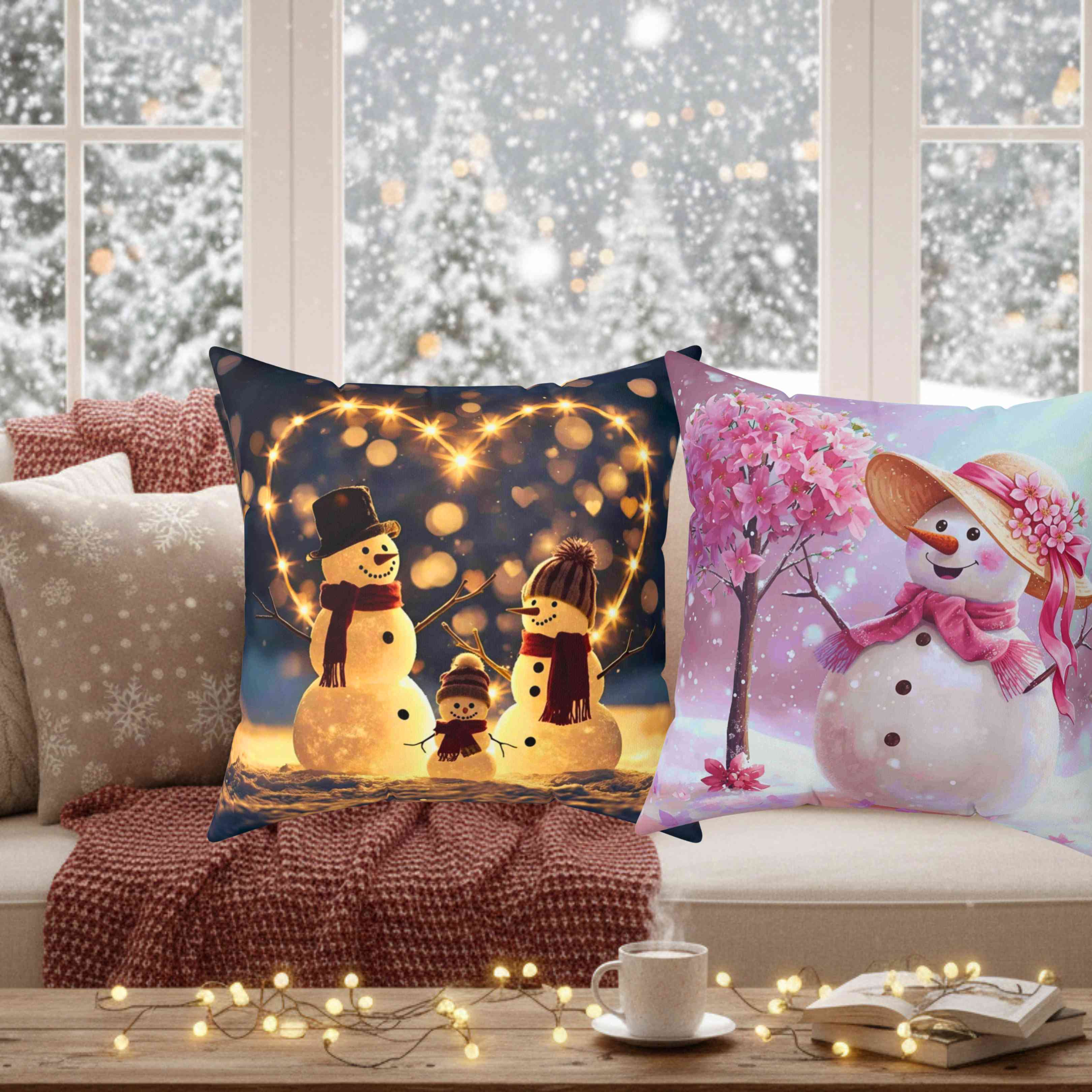 Custom Snowman Family Pillow – Snow Family in Front of Glowing Heart with Lights &amp; Snowfall – Personalized Christmas Throw Cushion Gift product thumbnail image